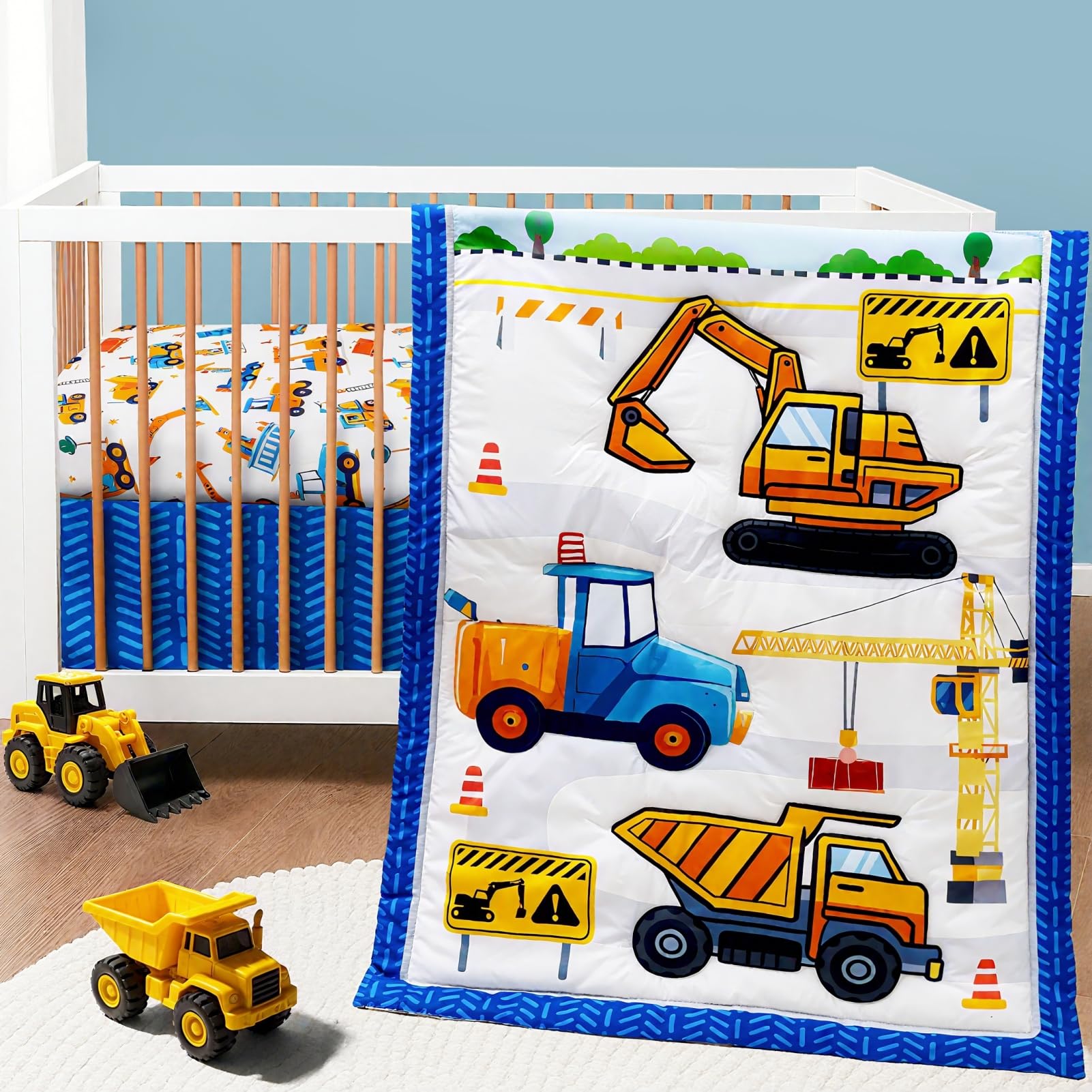Juego de ropa de cama para cuna de 3 piezas con temática de construcción, edredón para cuna, juego de cama infantil, decoración con sábana ajustable, edredón y falda para niños y niñas.