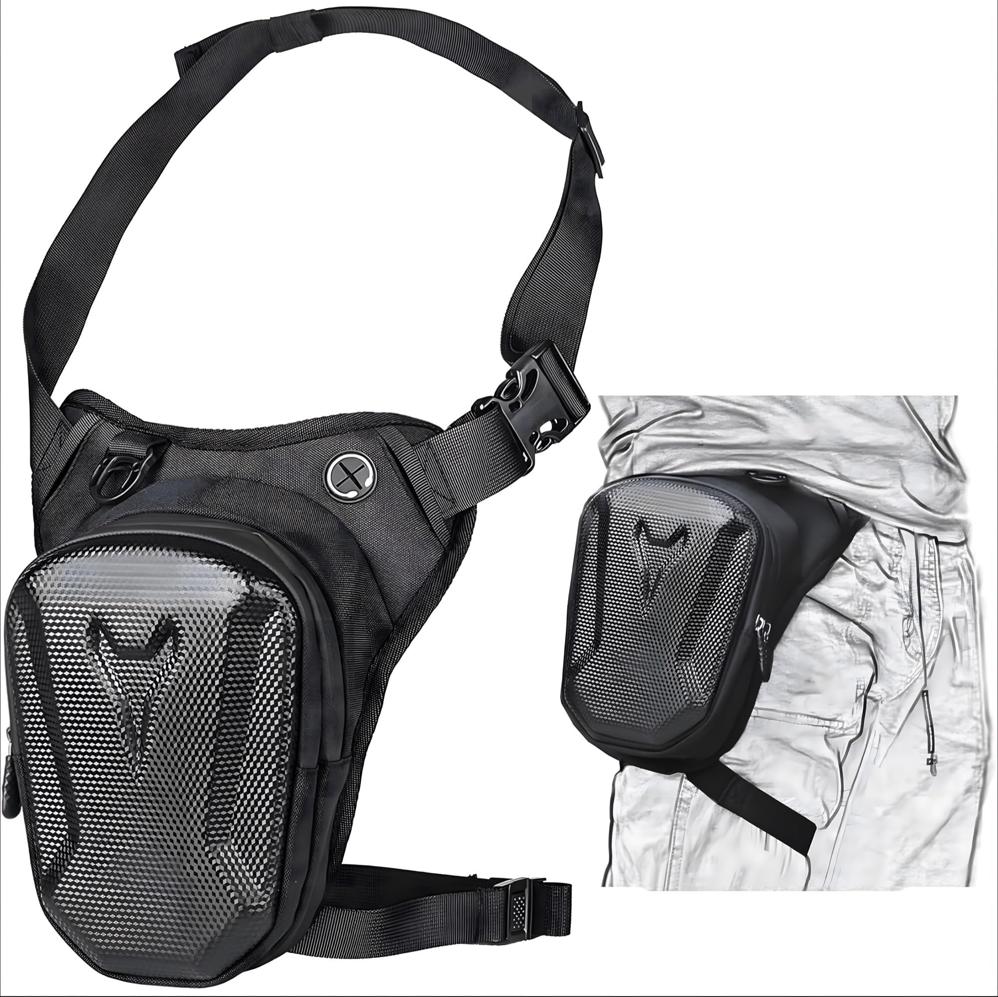 24x7 eMall Waterproof Motorcycle Leg Bag | Hard Shell Carbon Texture | 4-Way Wear Leg Crossbody Chest Shoulder | Double Layer Storage | Honeycomb Pad | Men Women-image-22