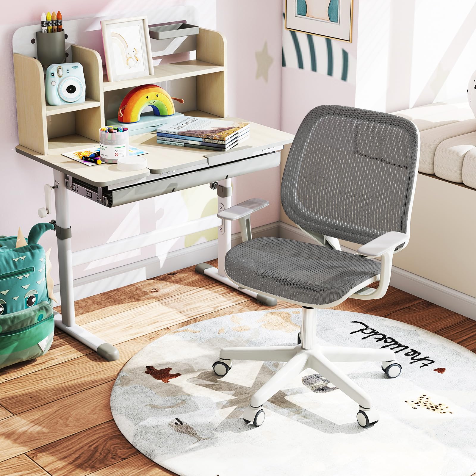 FANTASK Ergonomischer Schreibtischstuhl Kinder, Höhenverstellbar 43-55cm, 360° Drehstuhl mit Rückenlehne & Armlehnen, Bürostuhl mit 5 arretierbaren Rollen, für Kinder ab 6 Jahren (Grau)