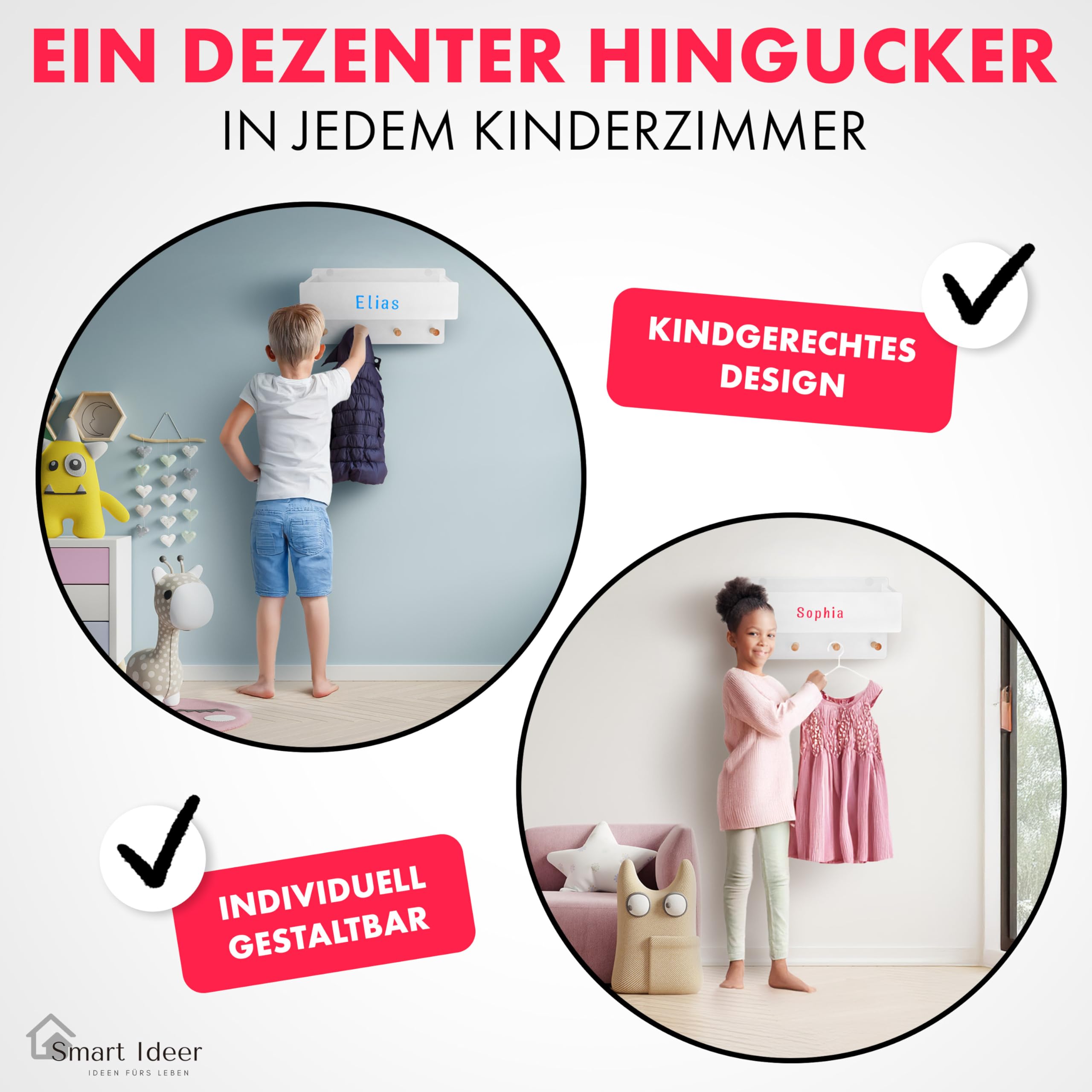 Kindergarderobe mit Ablage - Individuell mit selbstklebenden Buchstaben - Wandgarderobe aus Holz - Garderobe mit 4 Haken - Garderobe Kinder mit Ablage