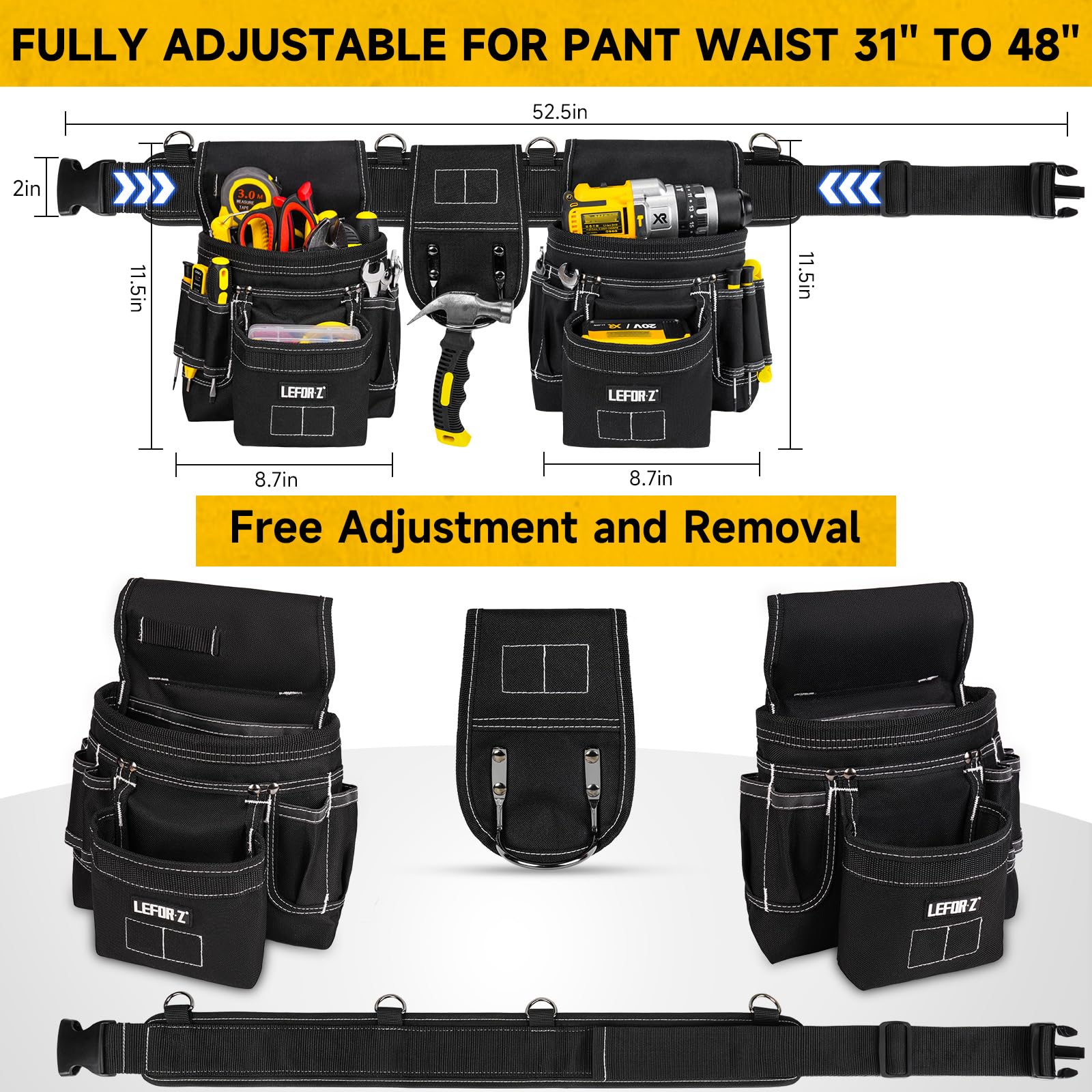 Ceinture porte Outils mit 27 Poches,Ceinture à Outils,Amovible Réglable Sac à Outils Magnétique avec 4 anneaux en D,Rembourrée Robuste pour Hommes,électriciens,Charpentiers,Ouvriers du Bâtiment,Noir