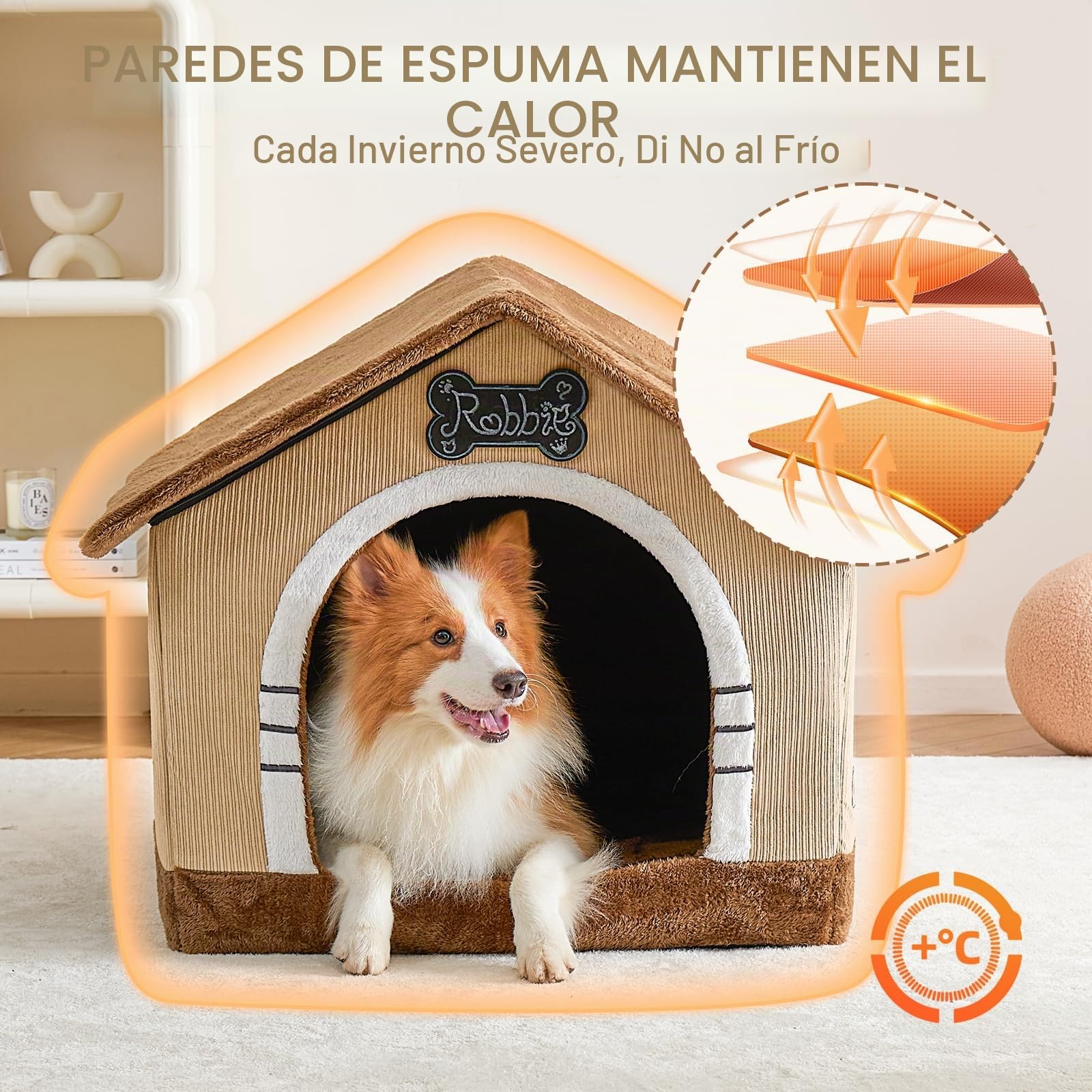 Jiupety Caseta de perro para interior con marco, cama grande de cueva para perros, aislada y acogedora, adecuada para 11-27 kg, grande Plus (76 cm × 66 cm × 64 cm), marrón