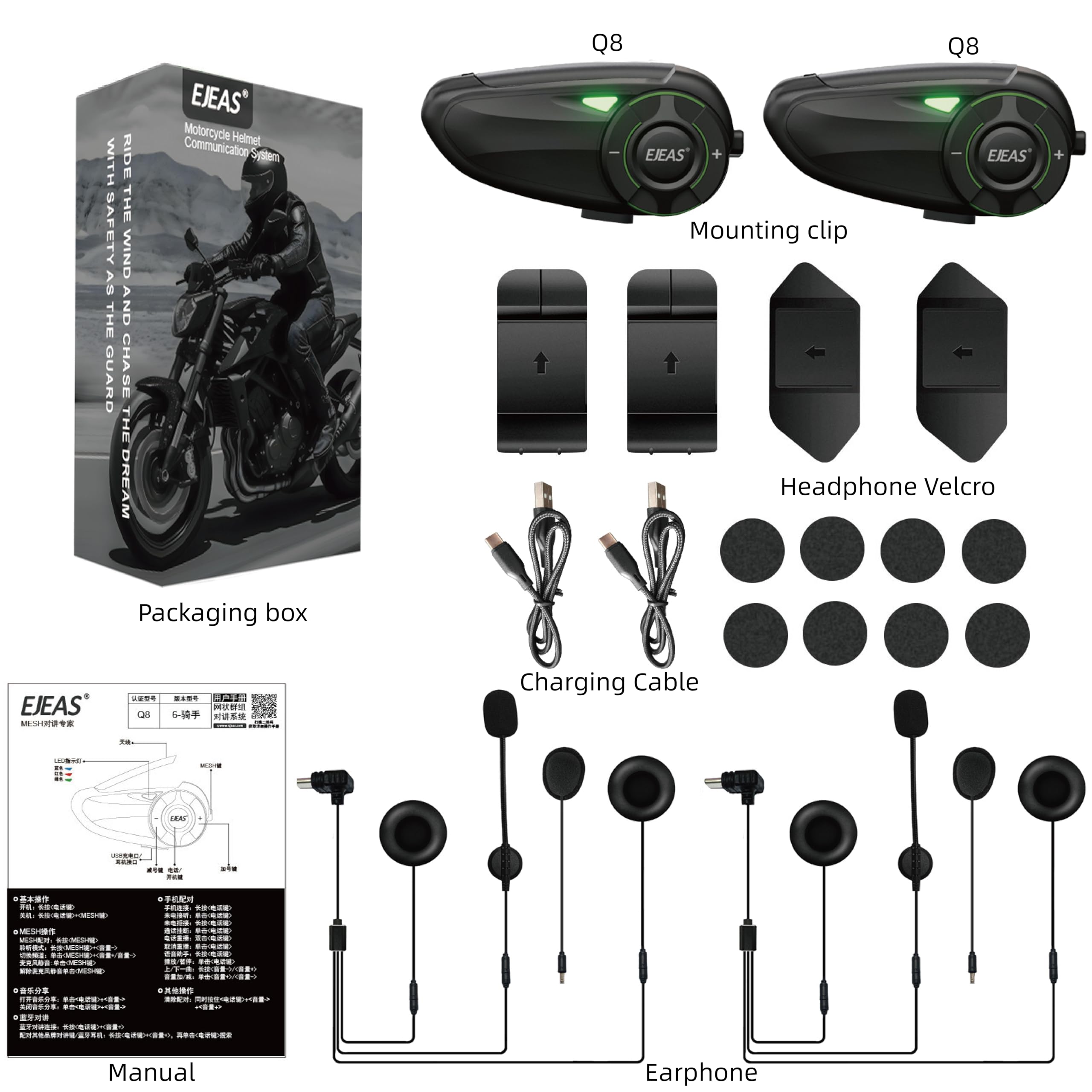 EJEAS Q8 - Cuffie interfono Bluetooth 5.1 per moto, con condivisione della musica e riduzione del rumore CVC, per 6 ciclisti in rete, confezione da 2