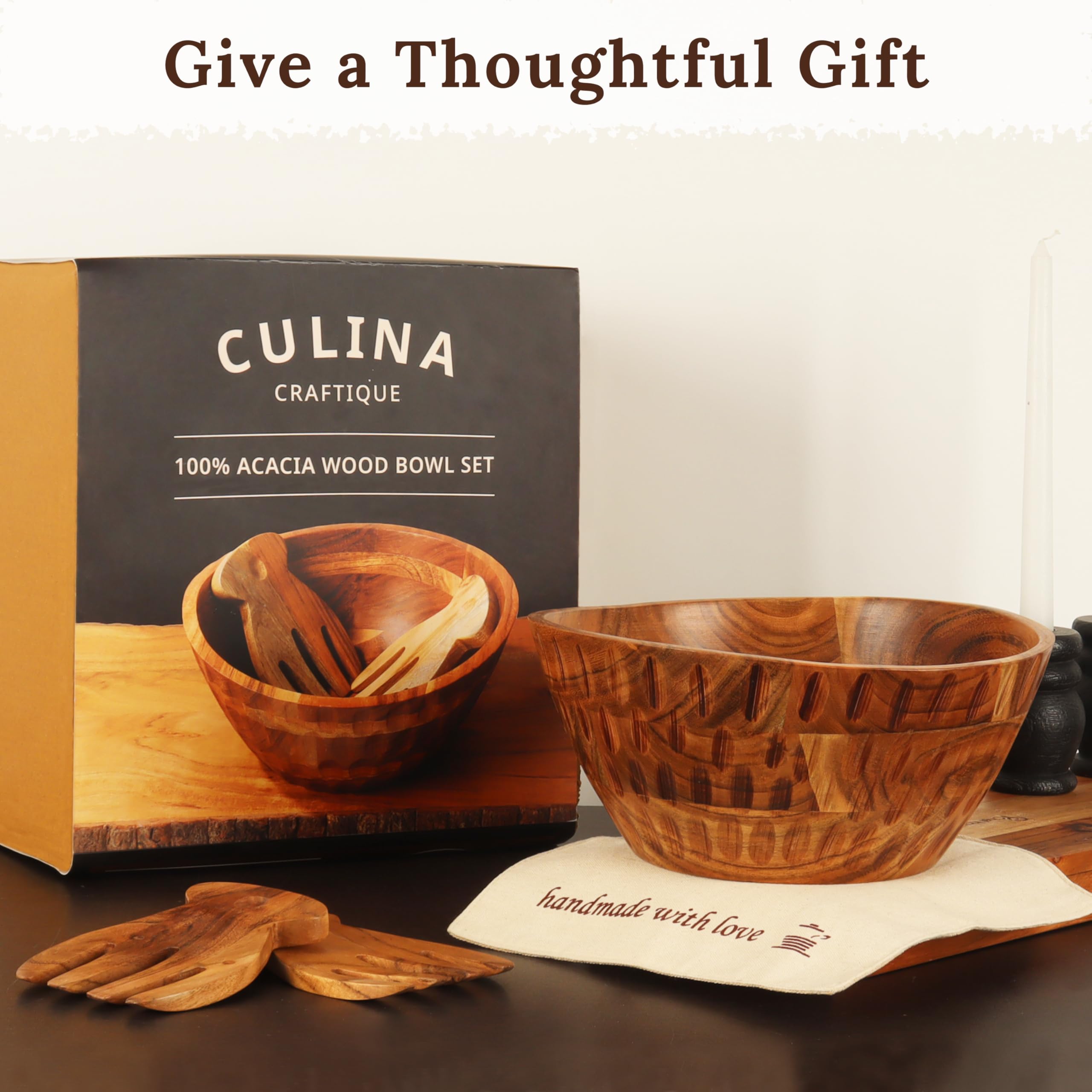 Juego de ensaladeras de madera – Acacia, cuenco de madera de 11 pulgadas con manteles individuales de yute y utensilios de servir, cuenco grande para encimera de cocina, decoración