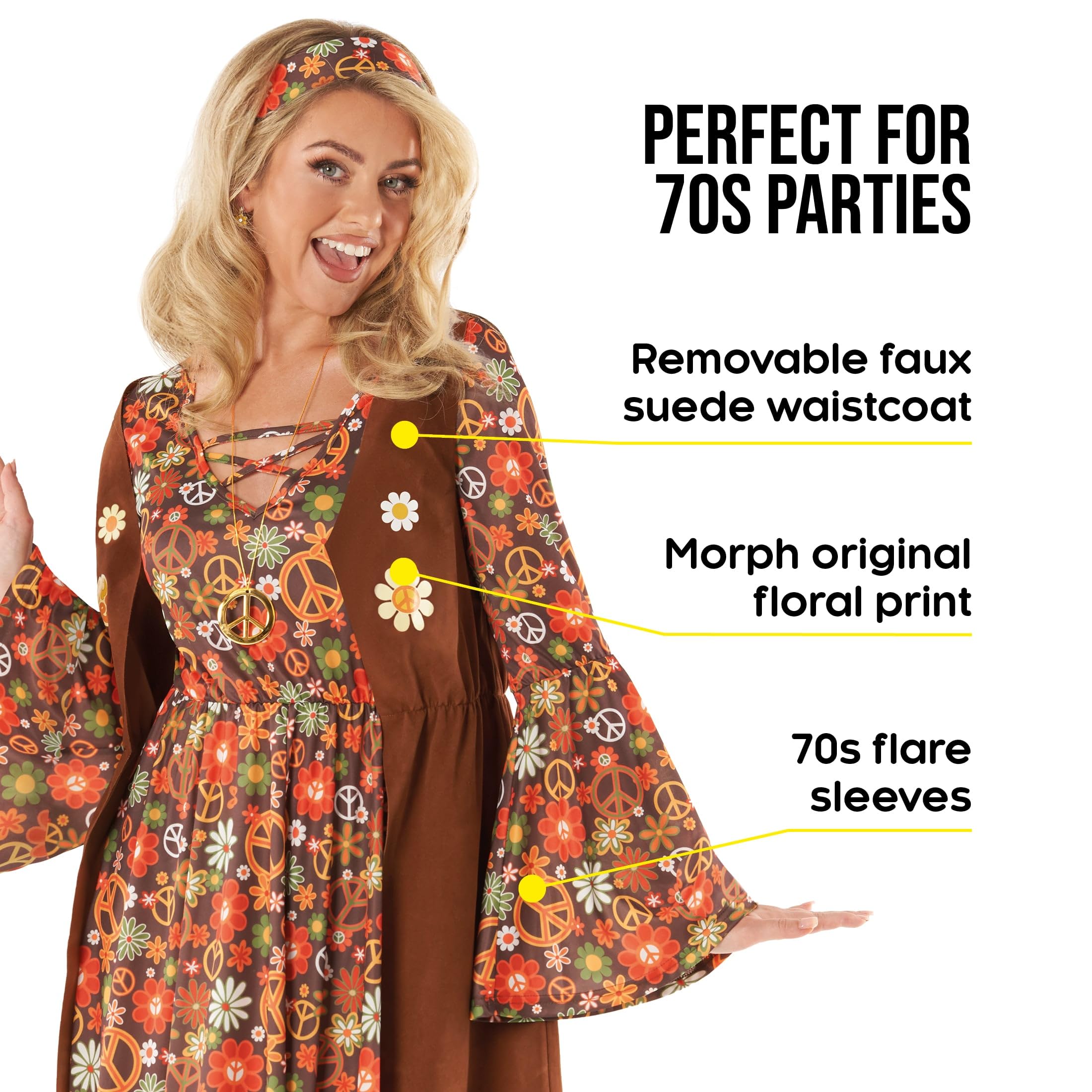 Morph Hippie Kostüm Damen, 70er Jahre Outfit Damen, 70er Jahre Bekleidung, Hippie Kleid, Schlagermove Outfit Frauen, Karneval Kostum Frauen, Fasching