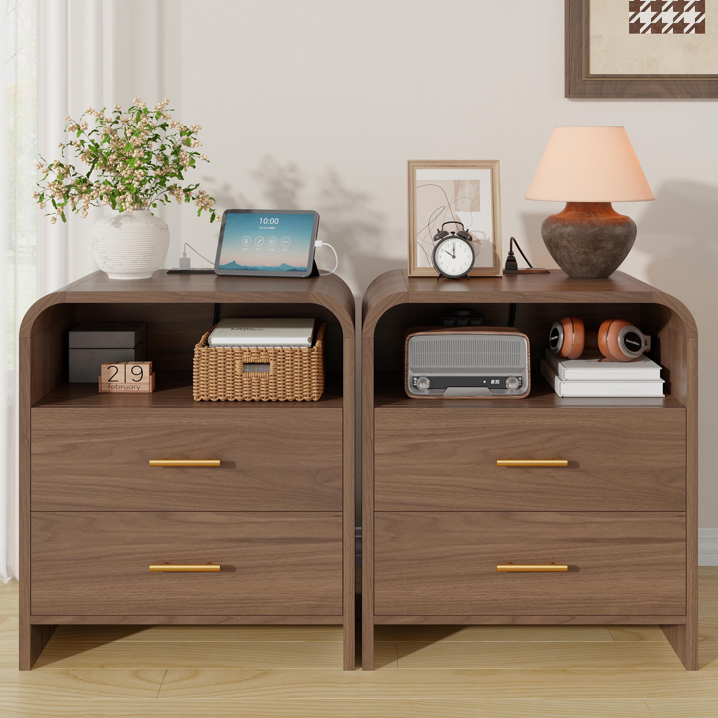 Modern Nightstand Set of 2 with Charging Station, 25'' Tall Mid Century Bedside Table w/ 2 Storage Drawers, 23.6'' Wide Wood End Table for Bedroom, Curved Profile Design, Walnut
