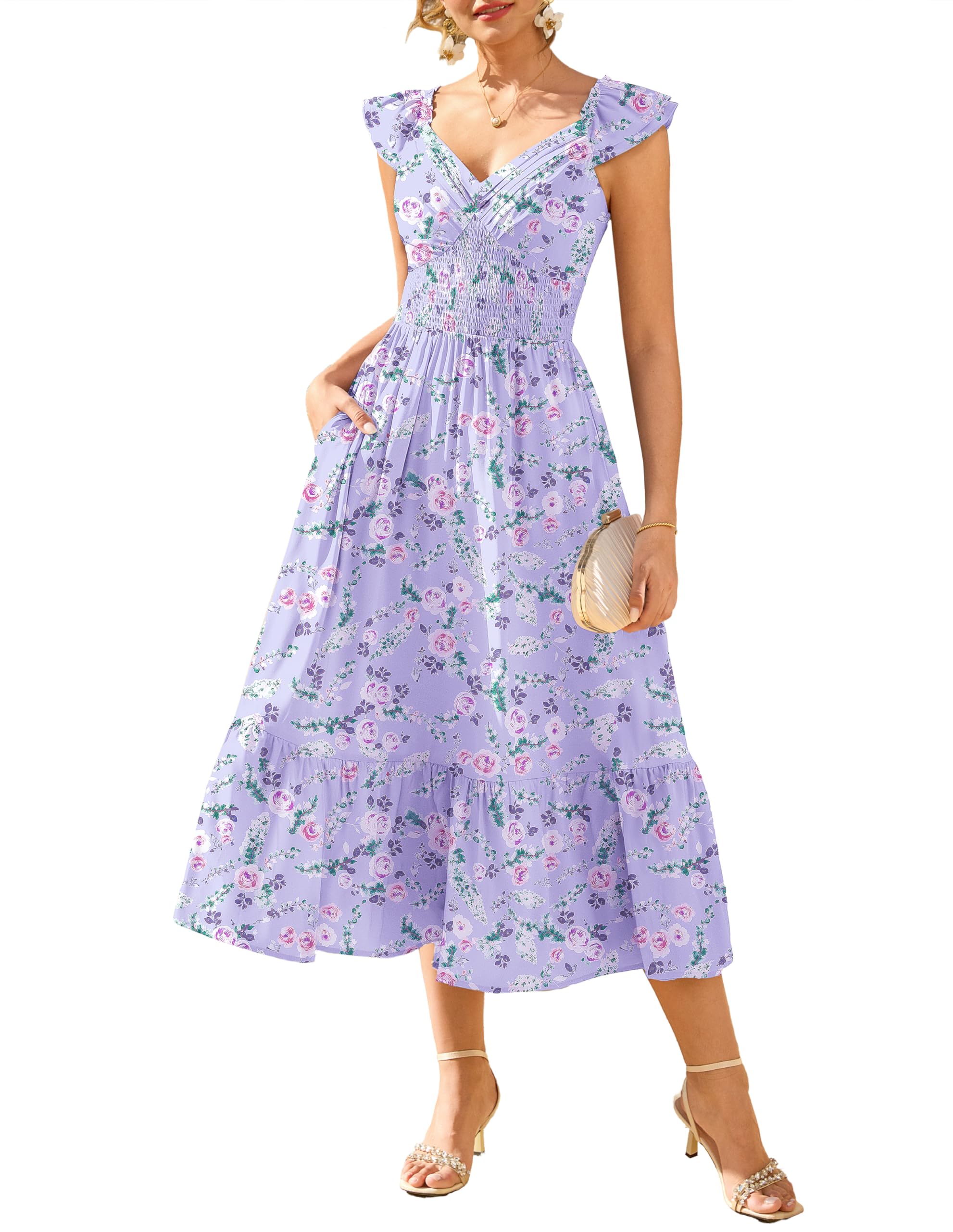 GRACE KARIN Women's Summer Floral Maxi Dress 2026 Ruffle Sleeve Smocked Sundress Flowy Wedding Guest Long Dresses Purple Floral 2XL