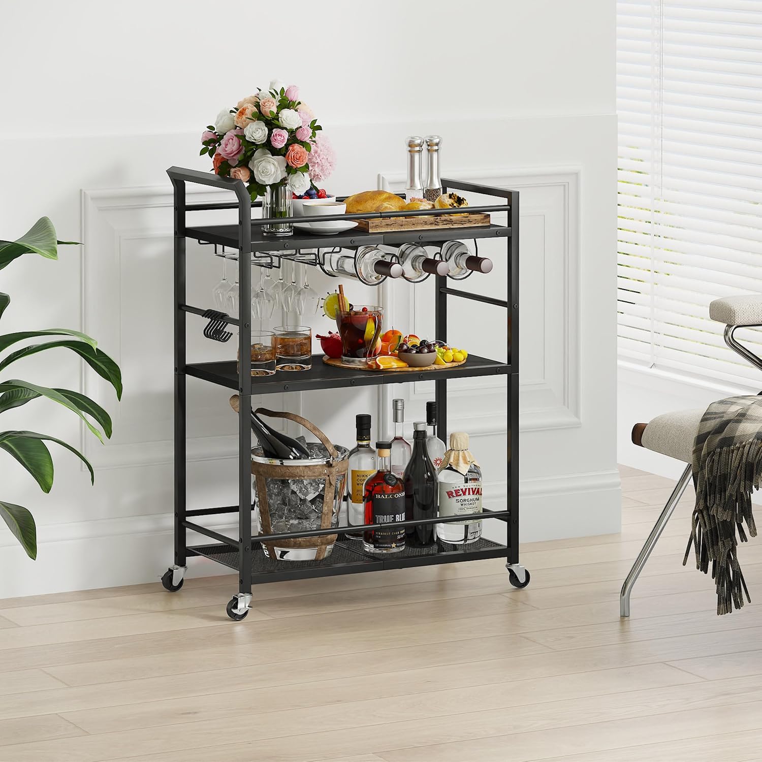 3 tier bar cart side view showing caster wheels and compact design