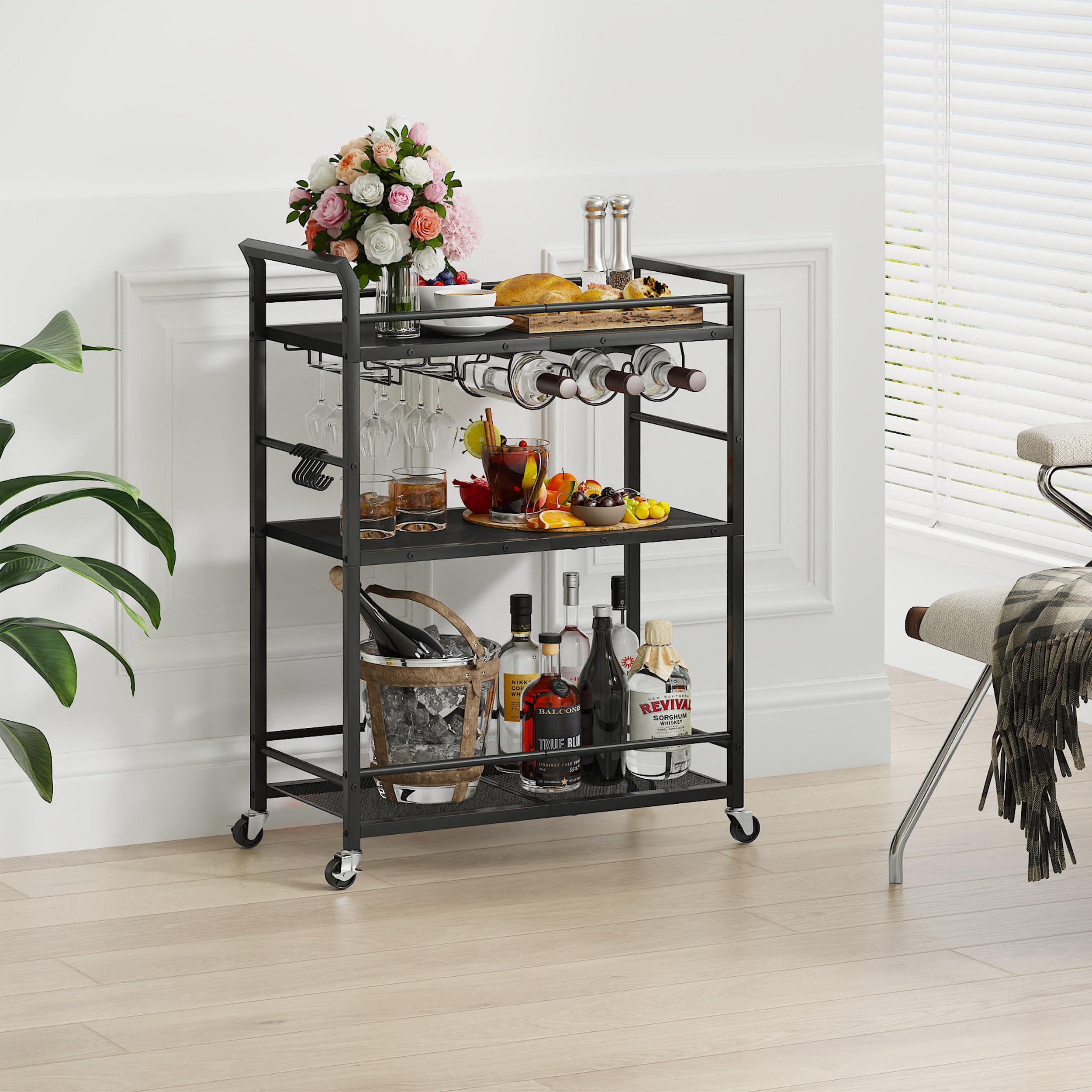 3 Tier Bar Cart, Small Beverage Cart, Mini Bar Cart with Wine Rack, Home Bar Serving Cart with Wheels for Kitchen Dining Living Room (Black, General) GBC507B