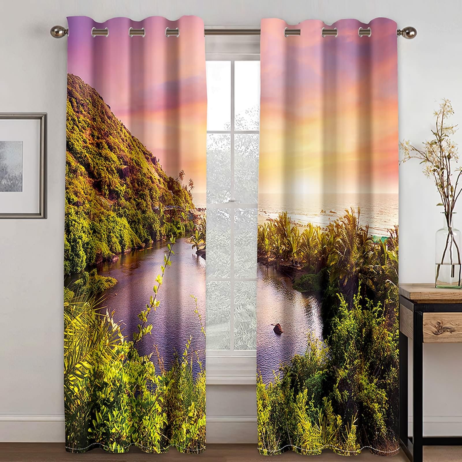 Gualiy Vorhänge Ösen 2er Set, Vorhänge 86x160 Berg Bäume Meer Landschaft Gardinen Vorhang Blickdicht