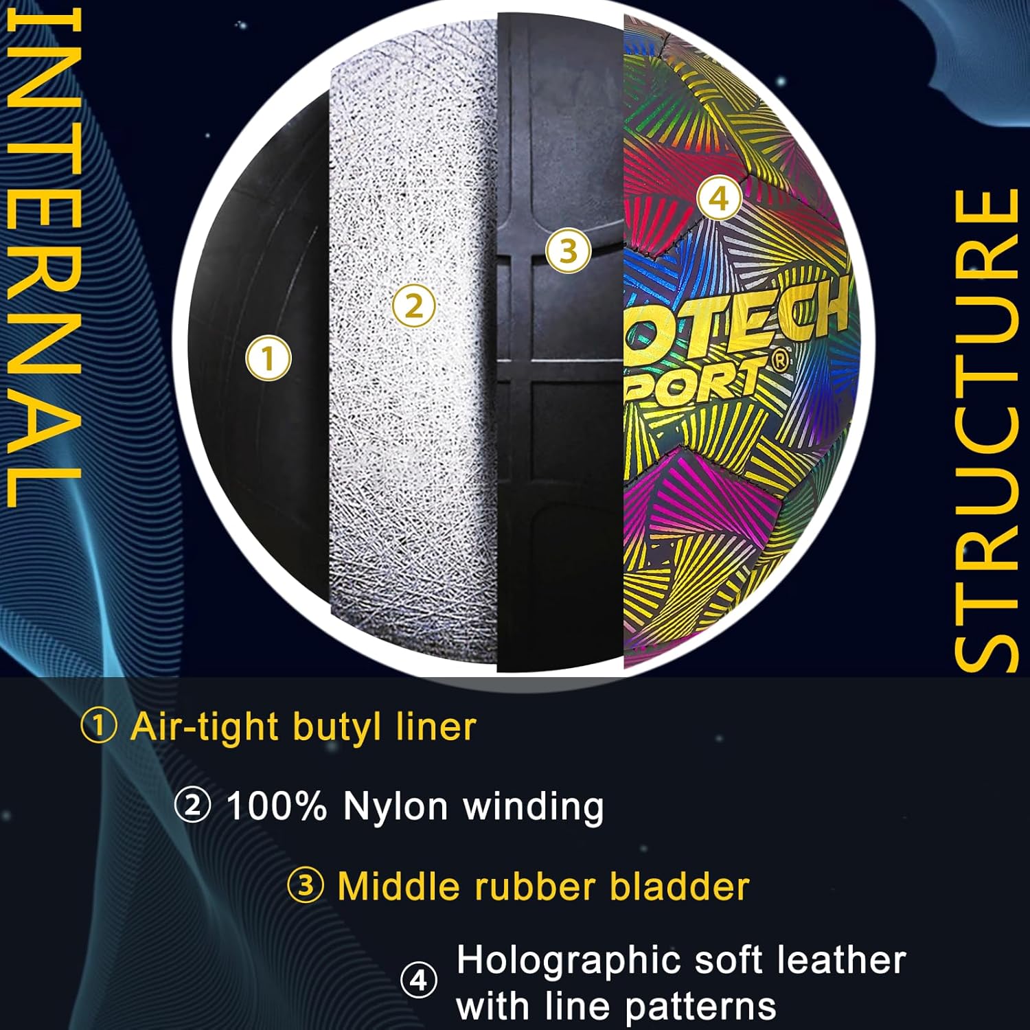 WTOPSBO Soccer Ball Size 4/5, Holographic Reflective Glowing Soccer Ball, Bright PU Leather Soccer Balls for Night Games,Training, Ideal Gifts for Soccer Fans with Pump