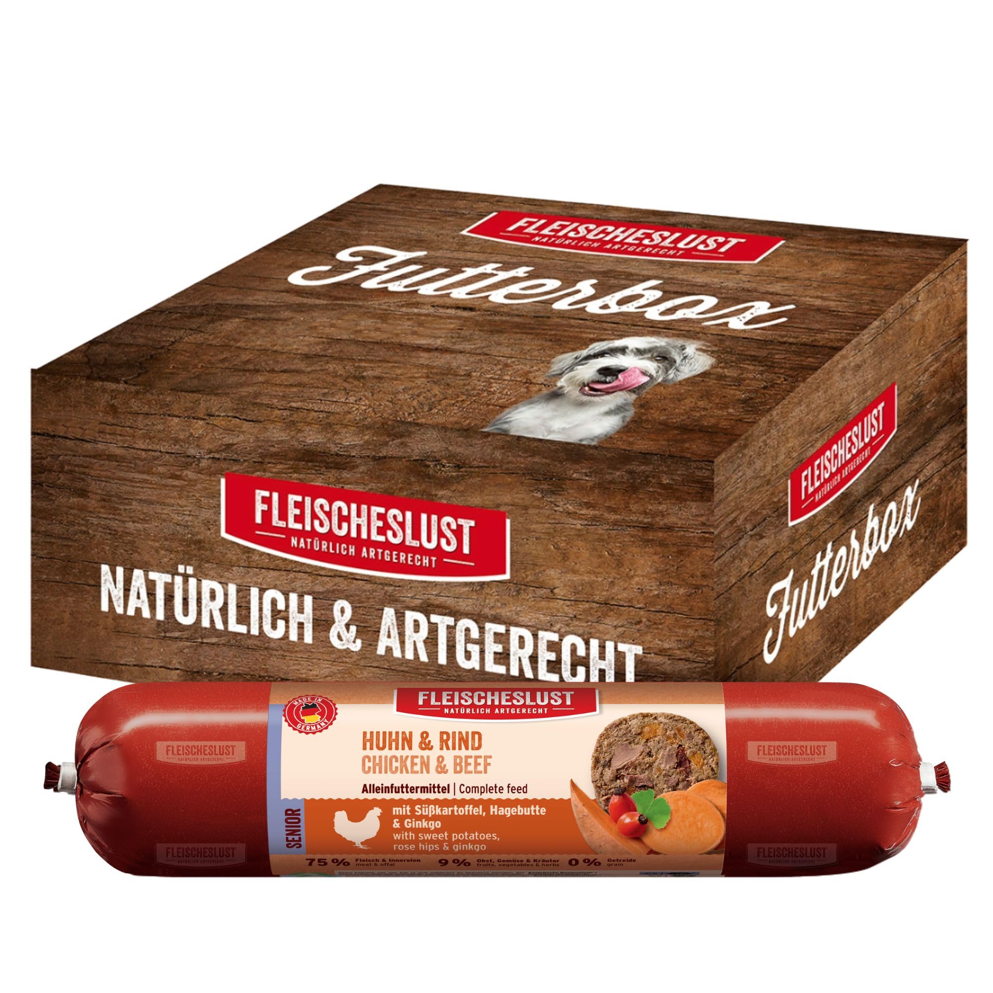 Fleischeslust Kiełbasa dla psów, starszy kurczak i wołowina ze słodkimi ziemniakami, dziką różą i miłorząbem | pudełko na karmę (6 x 800 g) | mokra karma | odporna na przecięcie | bez zbóż |