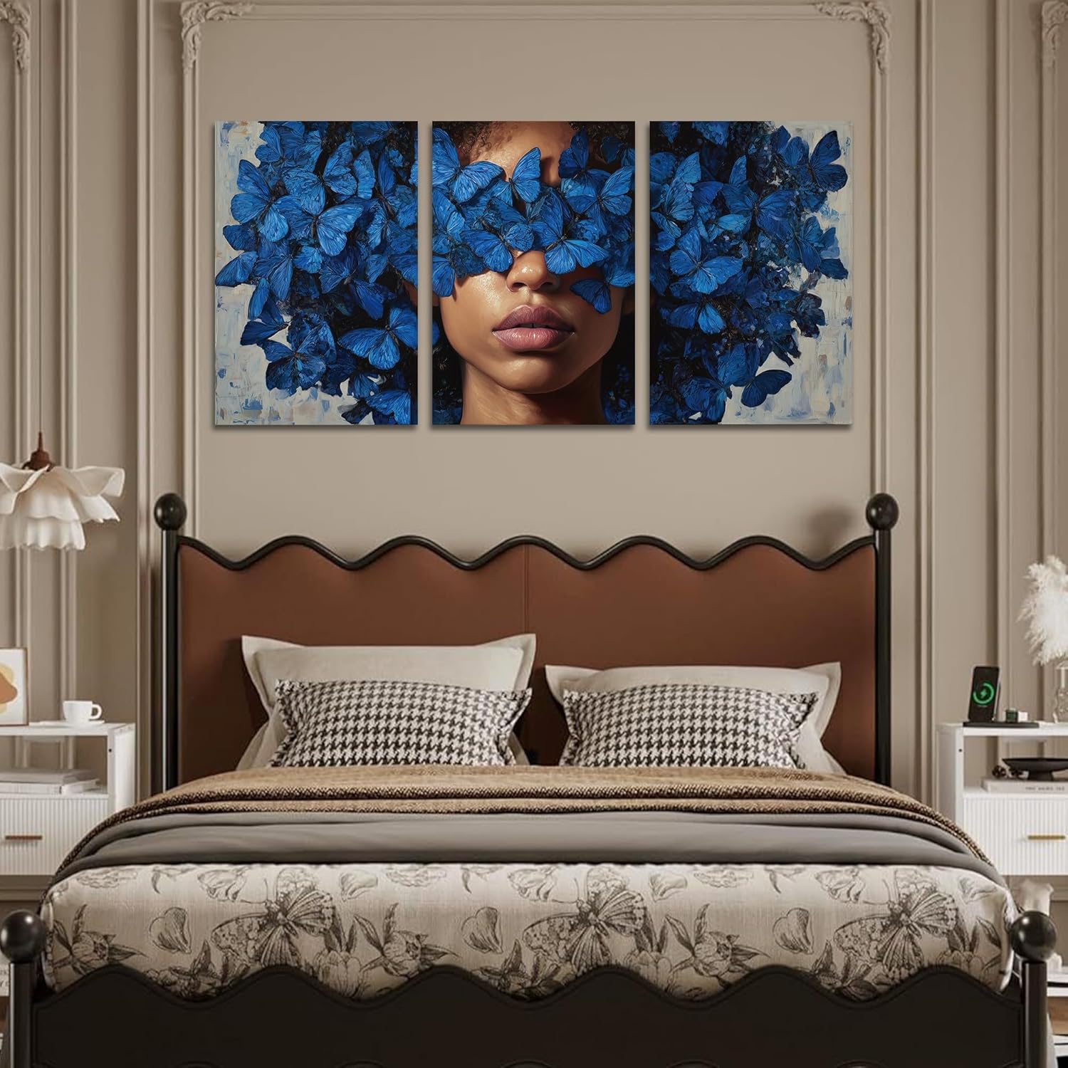 Hzddty 3 Piece Black Girl African American Fashion Canvas Wall Art Blue Butterfly Pictures Wall Decor Modern Black Gold Painting Elegant for Bedroom Living Room 12"x18"x3pcs