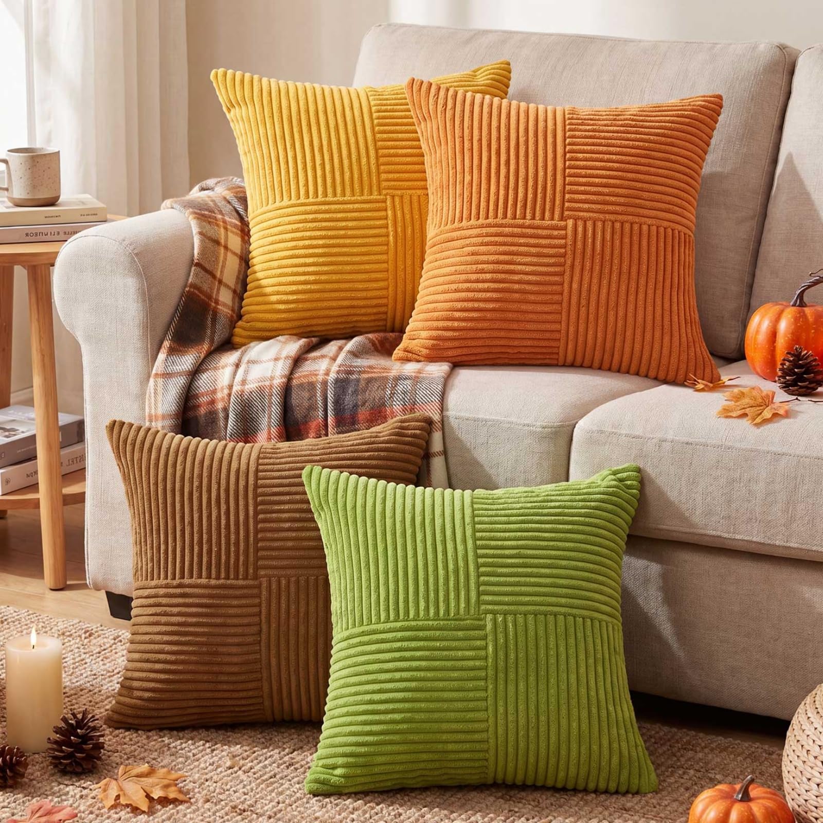 Benjia Autumn 18x18 Cushion Covers Set of 4, Striped Throw Pillow Cases Decorative Throw Pillow Covers 45x45cm Fall Cushion Cases for Sofa Bed Boho Farmhouse Autumn Decor (4 Colors)