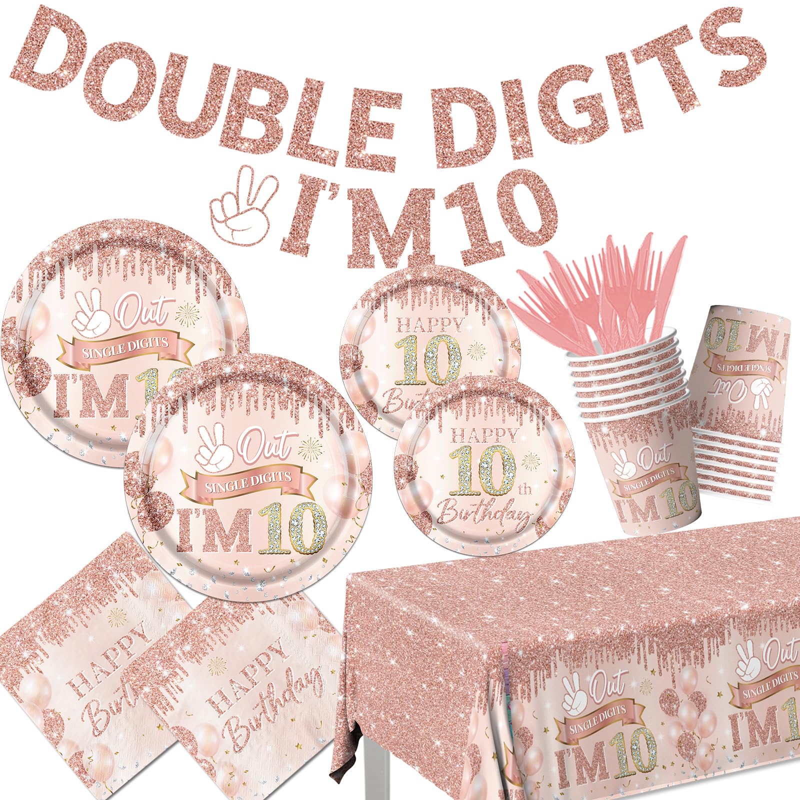 197-teiliges 10. Geburtstags-Dekoset Für Mädchen – Mit Banner, Tischdecken, Cake Topper & Partyzubehör Für 25 Gäste In Rosa & Gold