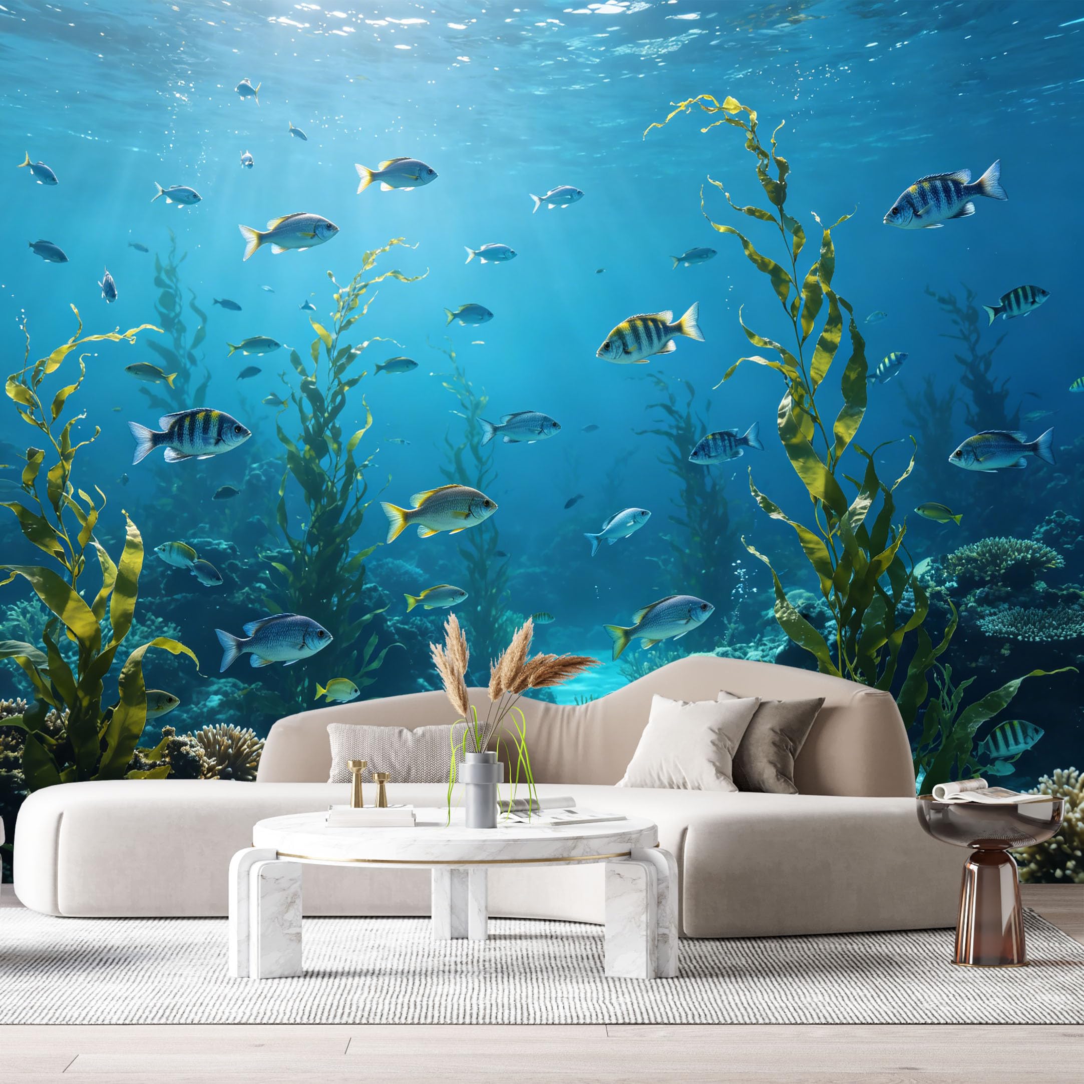 Custom Size Wall Murals Underwater Ocean Marine School of Fish Kelp Reef 3D SelfAdhesiveWall Fabric Removable Wallpaper Wall Decor for Living Room Bedroom Bathroom