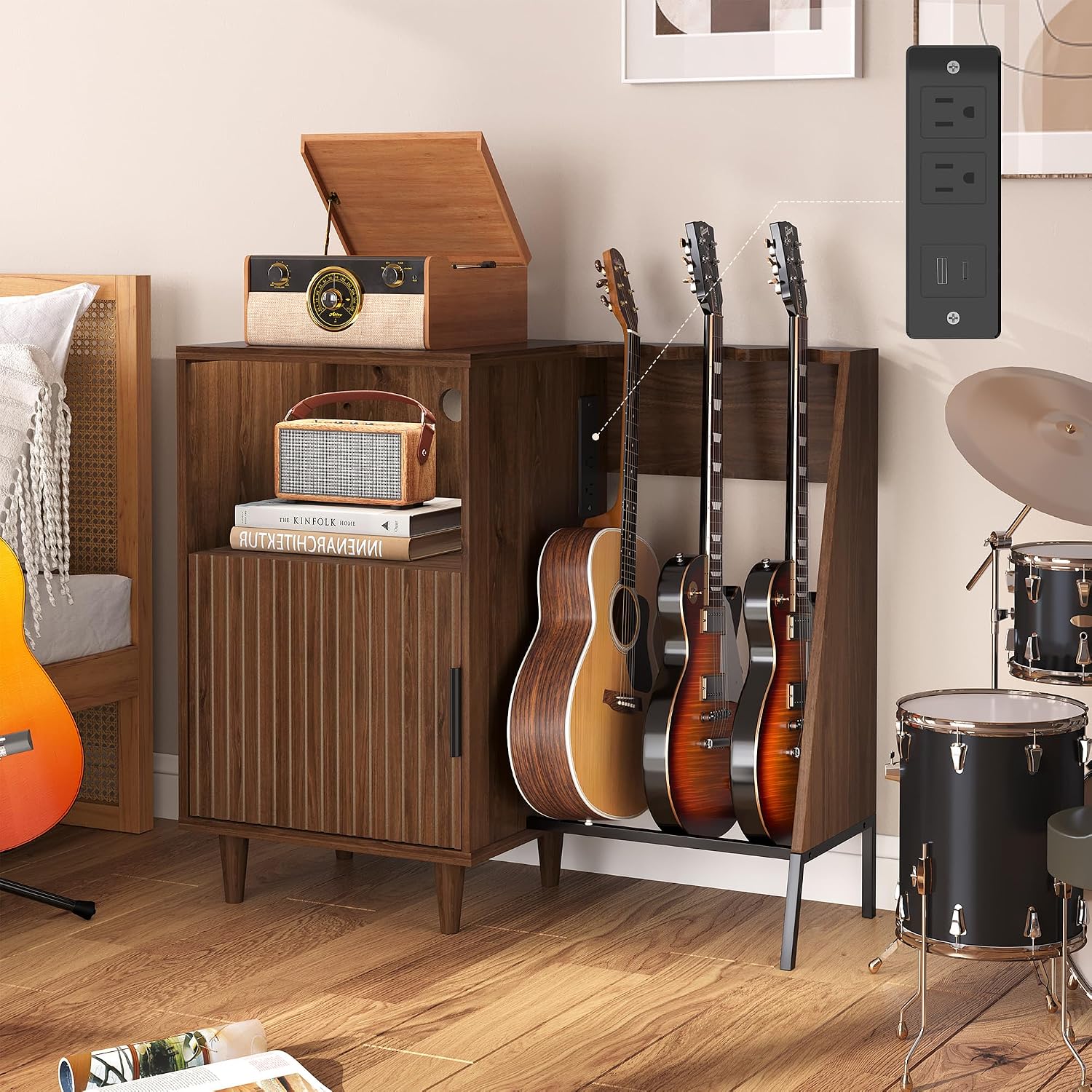 Guitar Stand with Vinyl Record Storage, Guitar Amp Stand with 3 Guitar Holder, Mid Century Music Cabinet with Built-in Outlets, Guitar Rack for Acoustic Electric Bass Guitar, Turntable and Speaker