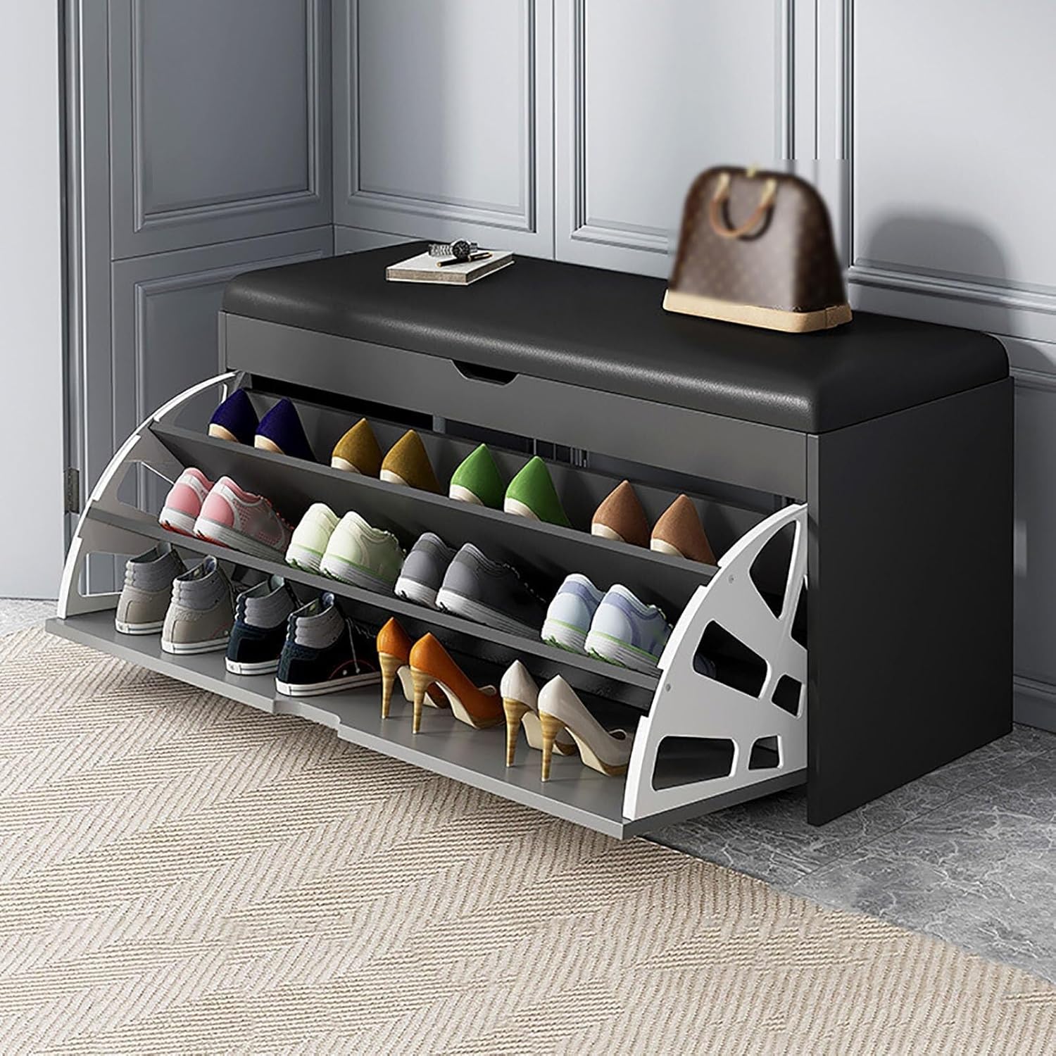 Shoe Storage Cabinet Cabinets Hallway Slim Cupboard Cupboards Hallways Slimline，Entryway Shoe Bench with Cushion Seat - Stylish Wood Storage Cabinet with Hidden & Flip Drawer, Freestanding S