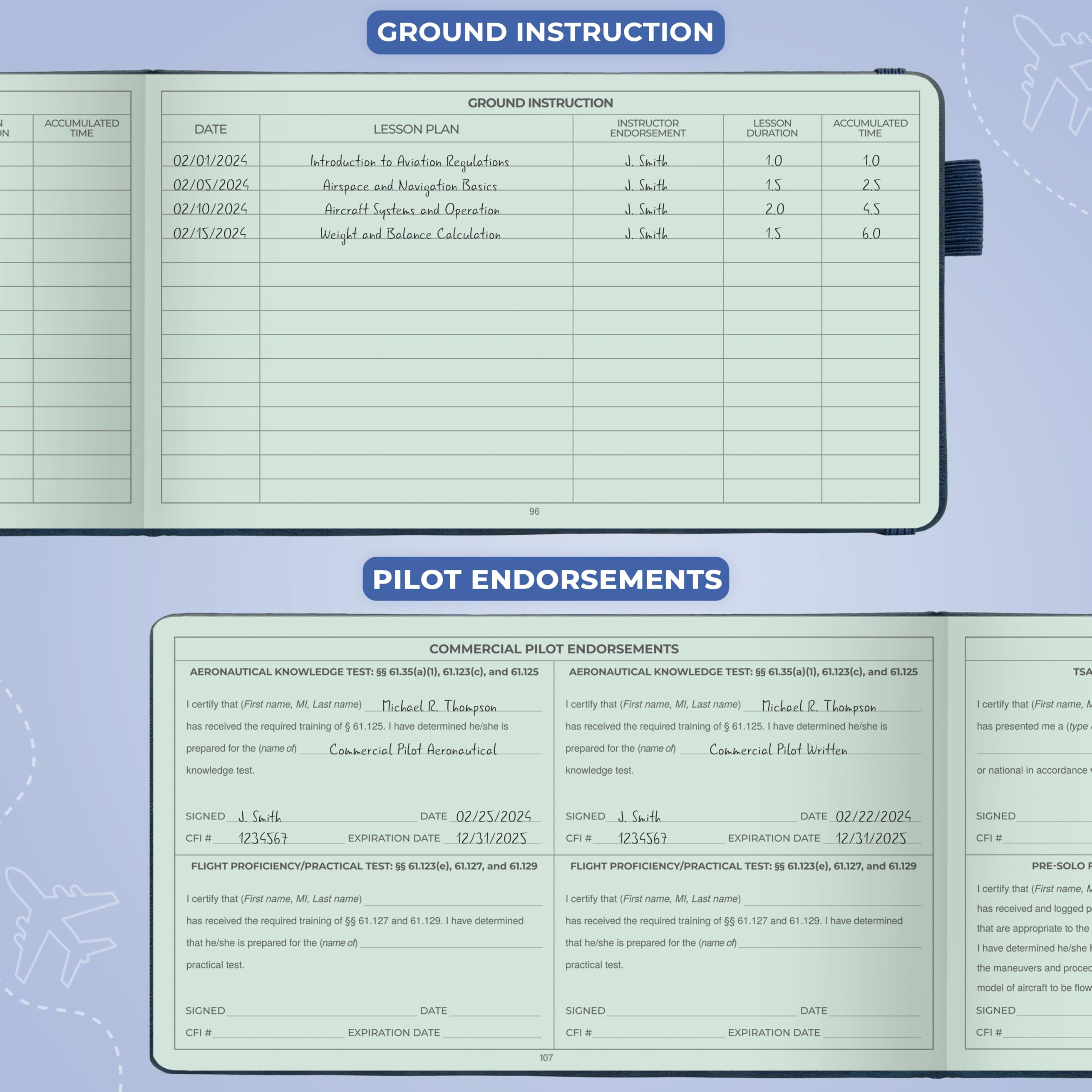 Clever Fox Livre de bord pour pilote – Journal de vol relié pour pilotes professionnels et étudiants – Livre de bord d'avion, cadeaux et équipement d'aviation (Bleu ciel)