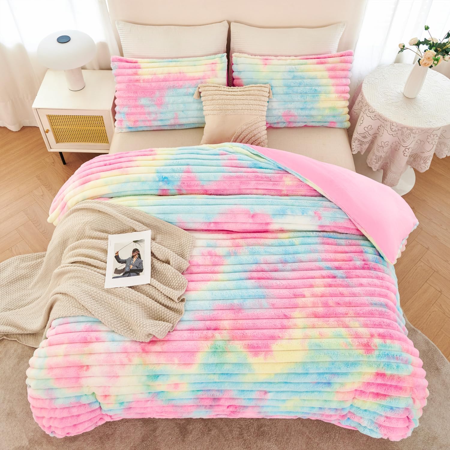ANGIYUIN 3 Pieces Fluffy Twin Duvet Cover Sets for Girls Faxu Fur Plush Shaggy Kids Bedding Cover Set Tie Dye Pink Fuzzy Comforter Cover Set(Pink Rainbow Tiwn) - Image 2