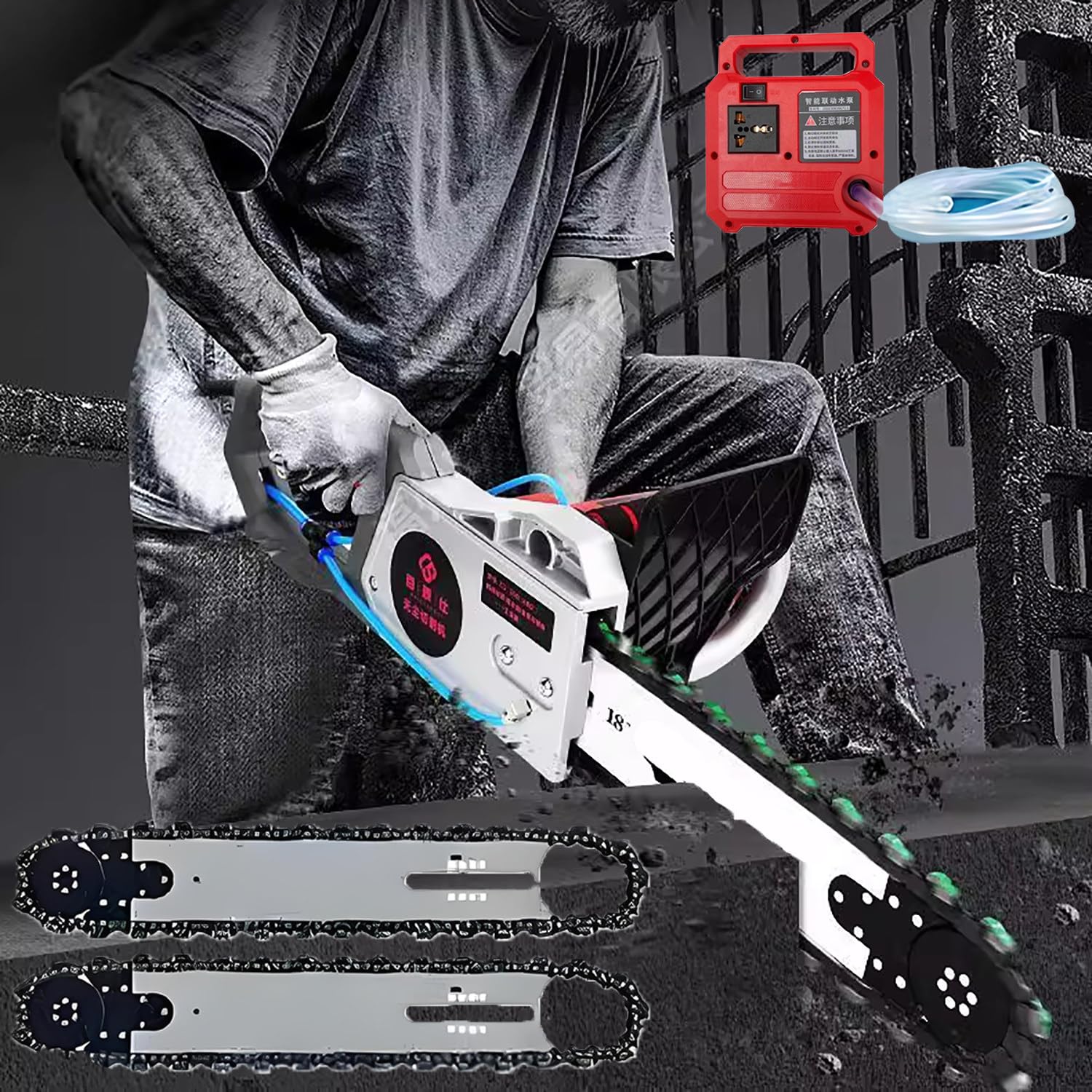 Sega elettrica a catena per cemento con cavo, Sega da cemento, con doppia catena diamantata/pompa dell'acqua intelligente, profondità di taglio 18,8 pollici, per granito, porcellana, legno, pietra