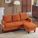 Karl home Small Sectional Couch L Shaped Sofa with Movable Storage Ottoman Corduroy Upholostered Sofa Chaise with Side Pockets for Living Room, Apartment, Studio, Orange