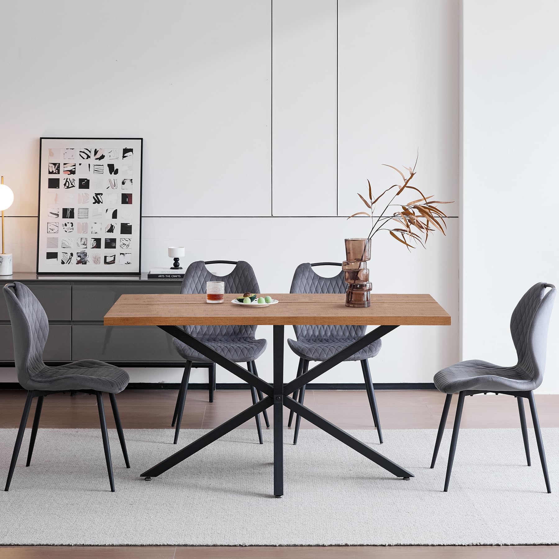 Esstisch mit 4 Stühlen Esszimmer-Set,140 * 78 * 77 cm Rechteckiger Esstisch aus Holz,4 Stühle mit hoher Rückenlehne, Schwarze Meta-Beine,Dunkelbraun Tisch+Grau Stühle