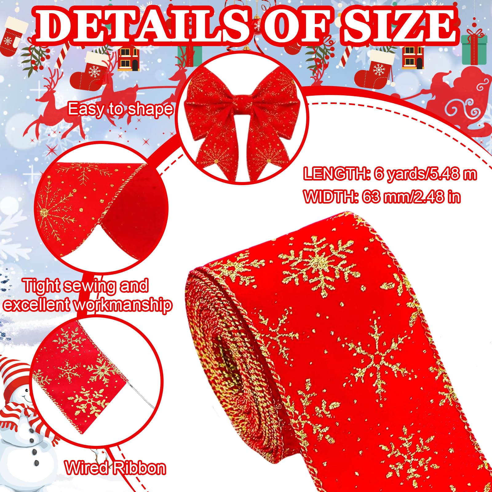 Christmas Ribbon, Christmas Decorations, 9.1m Soft Velvet Ribbons 63mm Xmas Tree Ribbon for Xmas Crafts Gift Wrapping, Wreath - Image 2