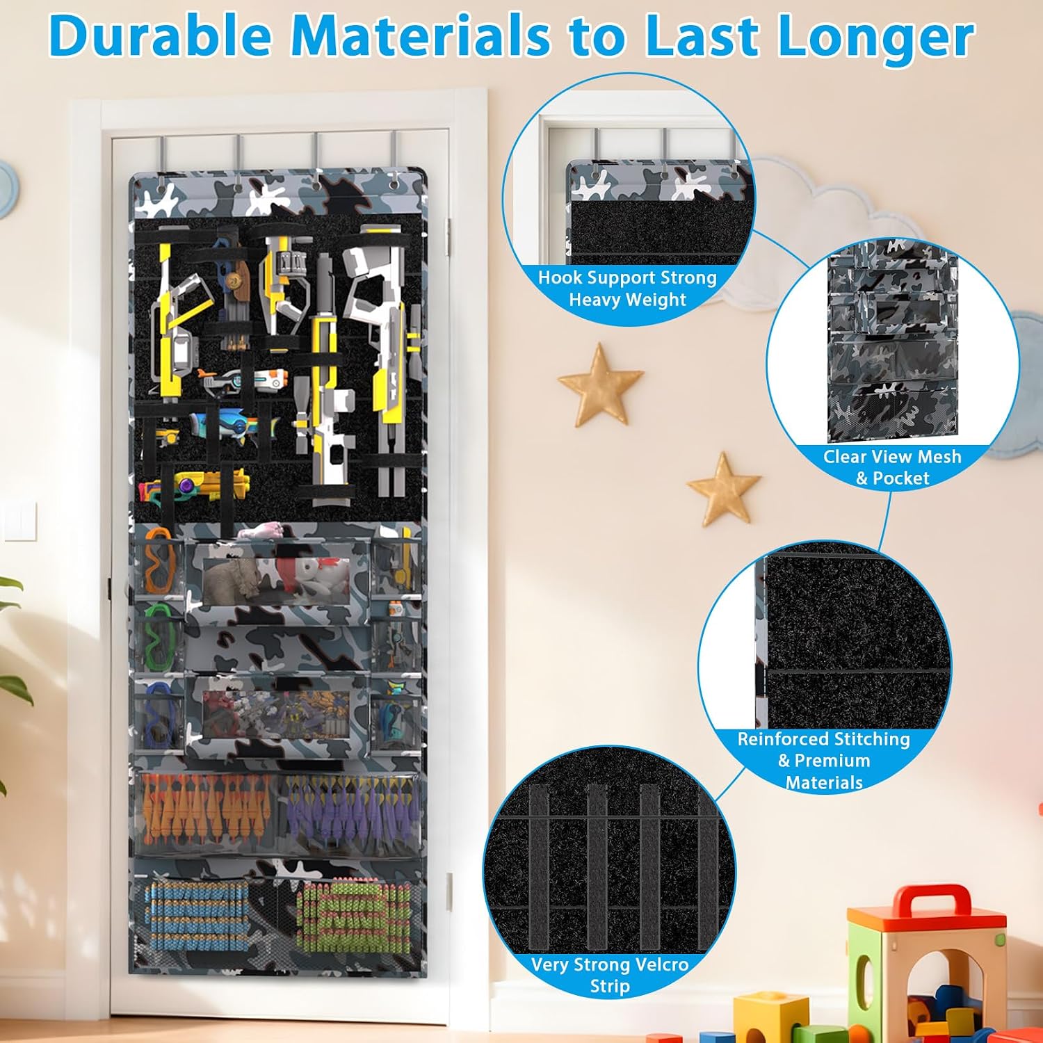 Over the Door Organizer for Toy Guns - Door Hanging Toys Storage with Multiple Pockets & DIY Velcro Slots for Kids Room, Kids Toy Organizer for Darts, Goggles, Kid Foam Blasters, Toy Plush, Camouflage