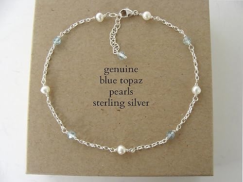 Miniatura 6 de Blue topaz pearl anklet, dainty gemstone ankle bracelet, sterling silver, adjustable length 9.25-10.25 inches, Let Loose Jewelry, handmade