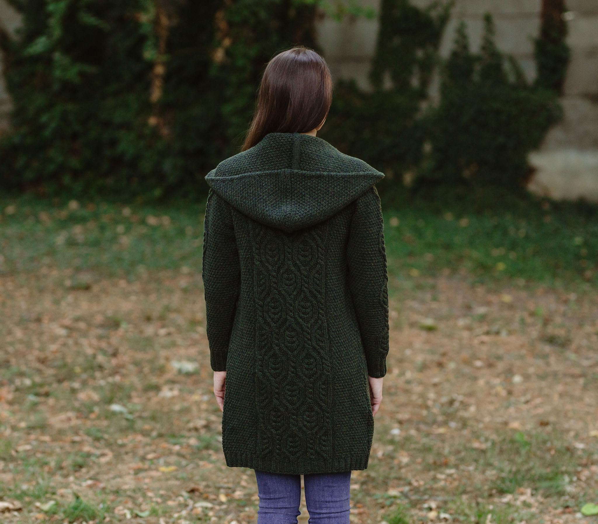 SAOL Cardigan Long à Capuche 100% Laine mérinos pour Femme Coupe Classique Irlandaise