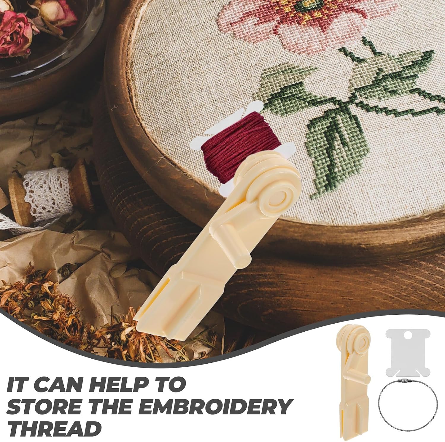 SAFIGLE Embroidery Thread Winding Plates and Mini Hand Crank Winder Set with 120 White Floss Bobbins and 4 Silver Stainless Steel Wire Rings for Cross Stitch and Sewing Craft Storage