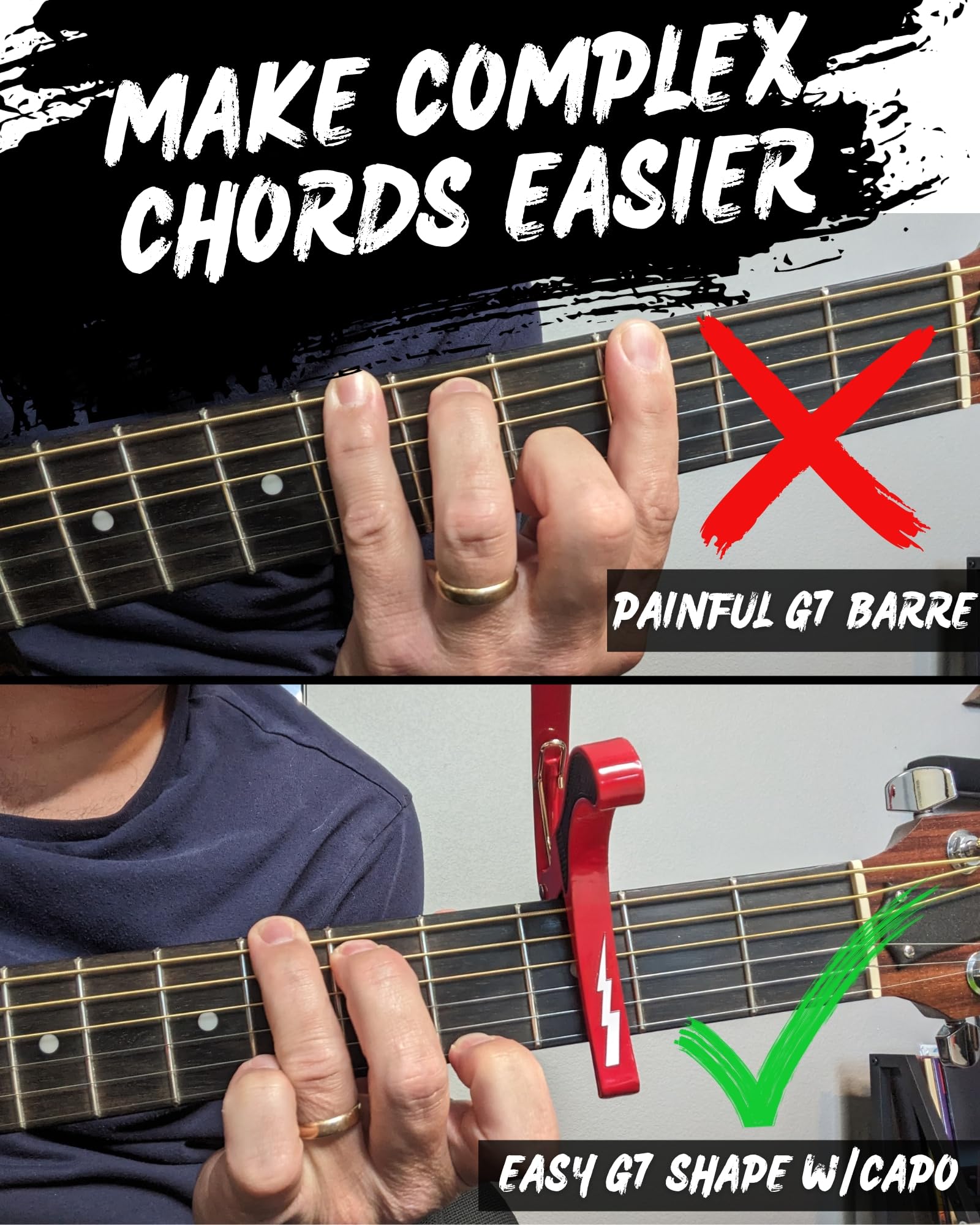 Cejilla de guitarra para guitarras acústicas y eléctricas, accesorio de guitarra para cambiar rápidamente la tecla y el acorde, liberación de resorte, estilo sobre la mano, diseño de rayo blanco que