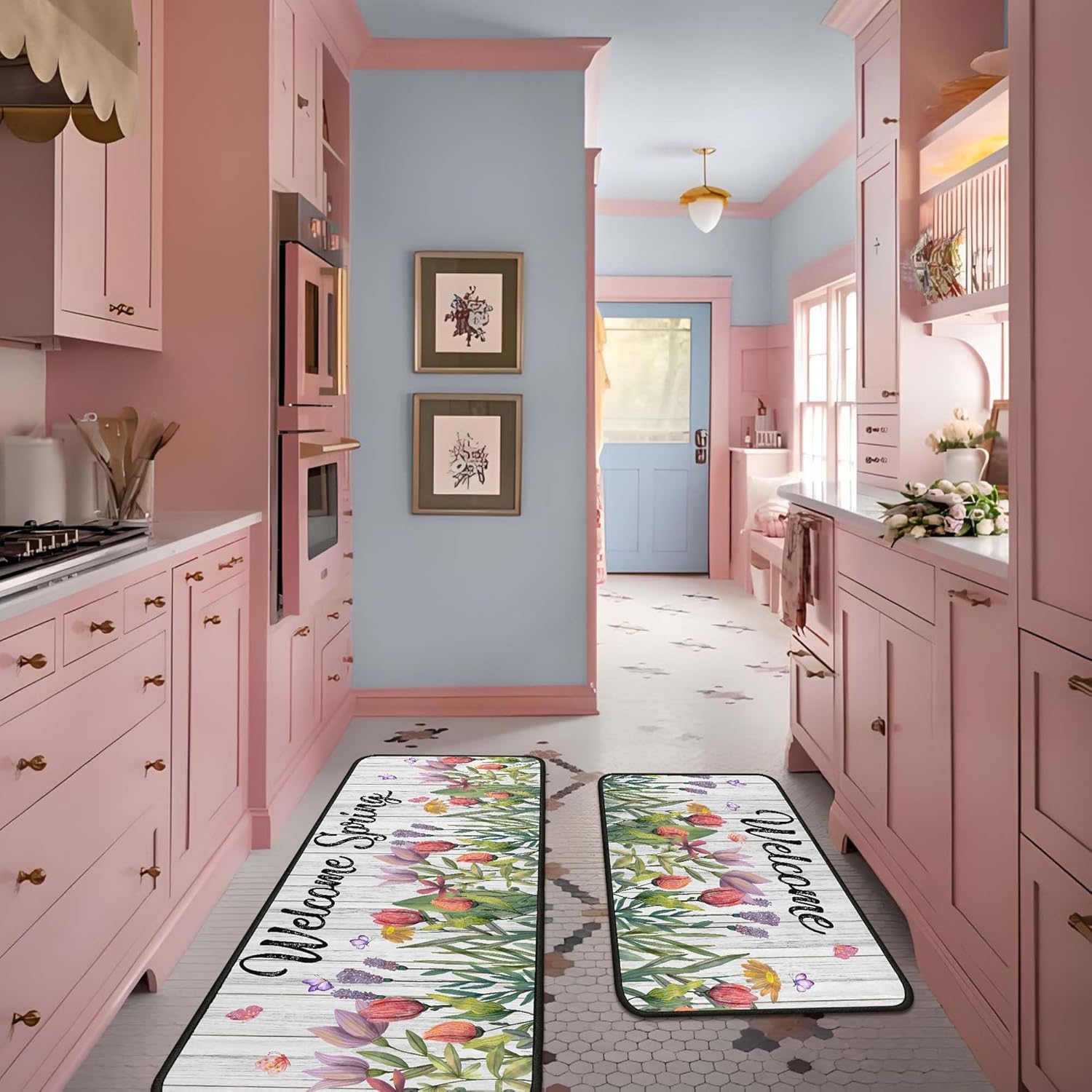 Spring Kitchen Rugs Set of 2, Spring Decorations Non Slip Backing Spring Kitchen Mats for Floor Holiday Rug Spring Decor for Home Party Gifts (Welcome 2, 17"x47.2"+17"x30")