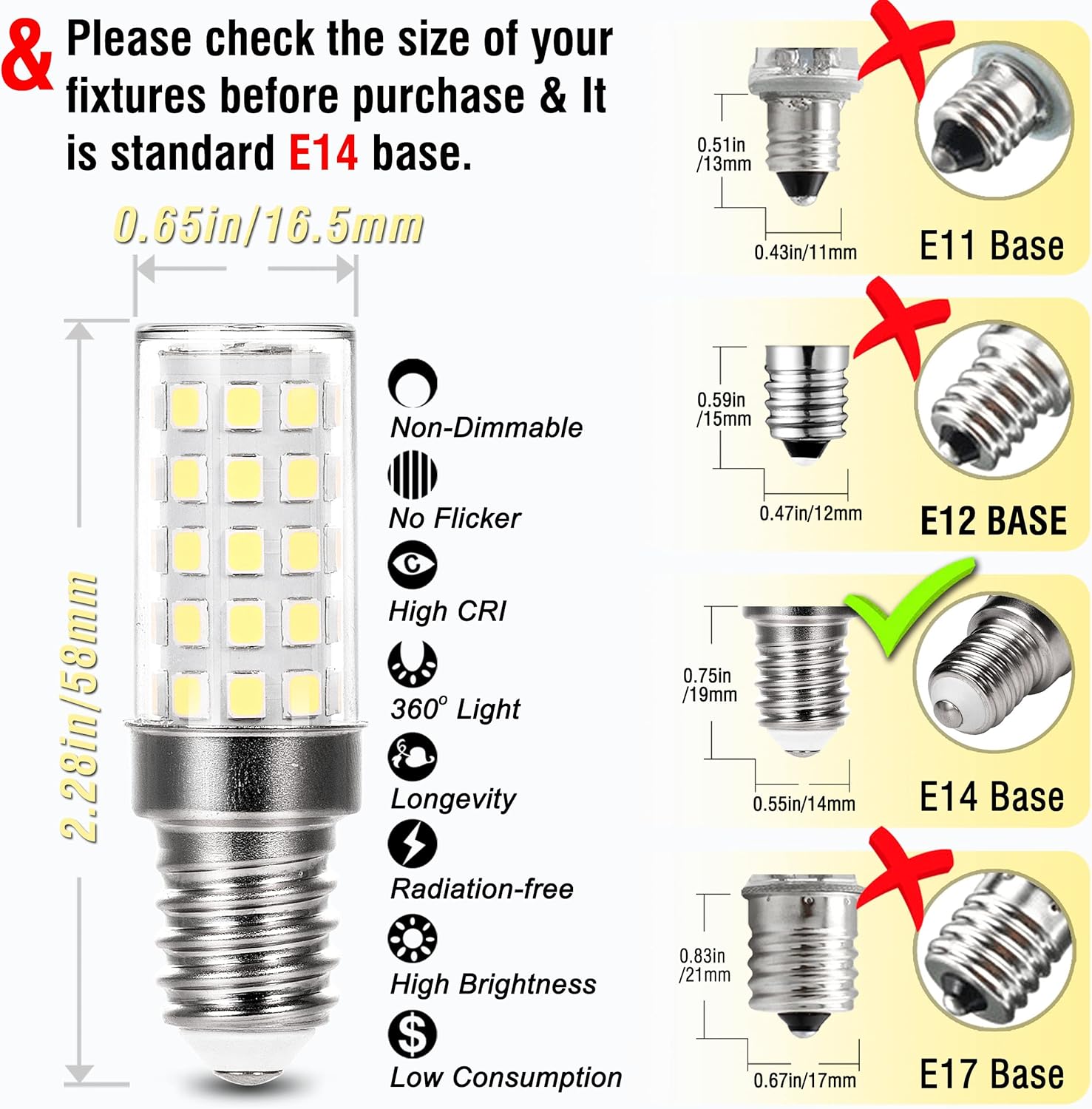 ALIDE E14 LED Bulbs 4W Equal 40 Watt Candelabra Bulbs 0.65*2.28 inch,120V to 220V, 6000K Daylight Bright White E14 European Base Bulb for Chandeliers,Turkish Persian Lamp Pendant,Non-dimmable,10 Pack