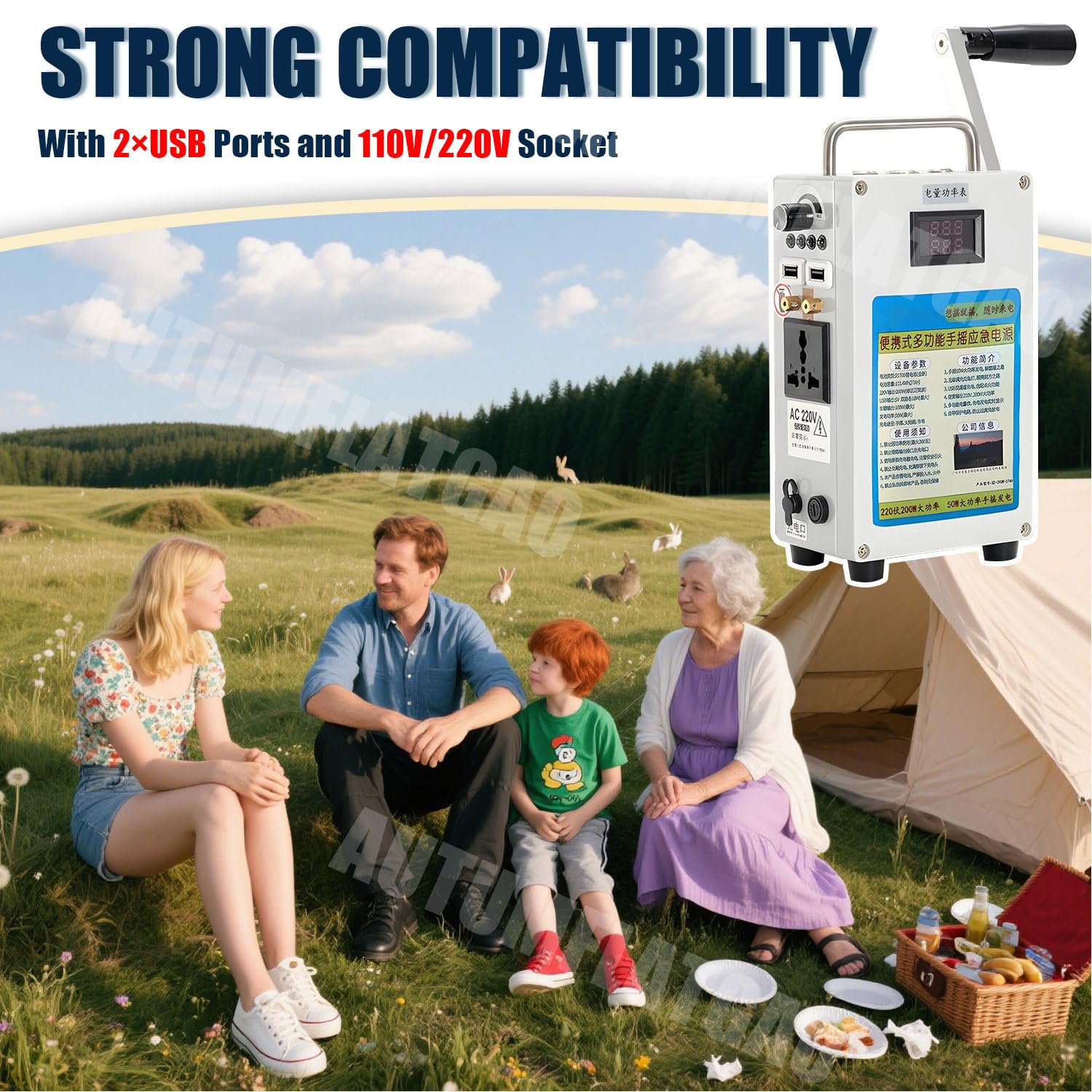 Generatore a Manovella da 160W, Alimentazione di Emergenza Portatile con Ricarica USB/Luce LED, Generatore Corrente Portatile da 27000mah, per Campeggio Domestico All'aperto,110V