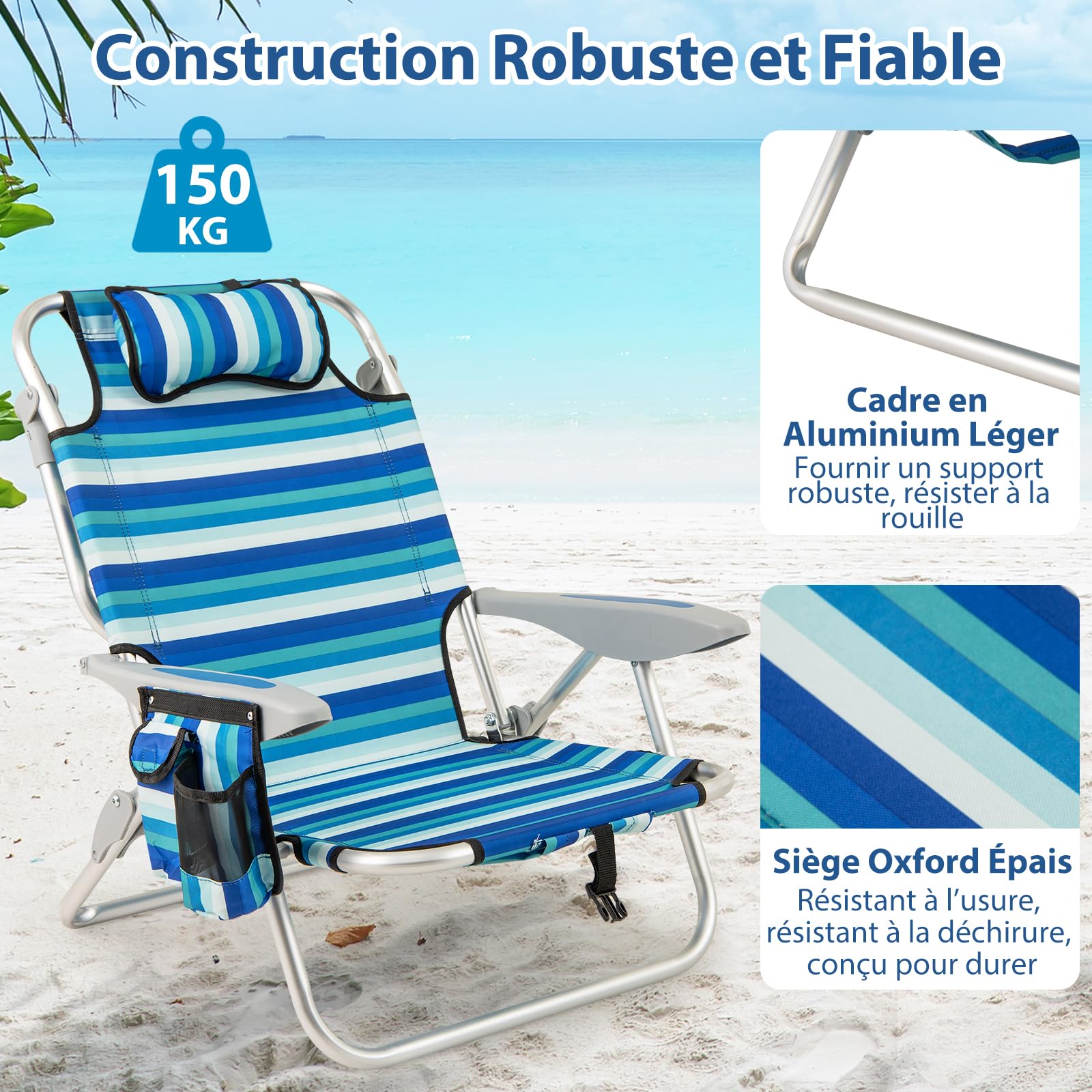 COSTWAY Chaise Longue Pliante, Chaise de Plage en 4 Positions, Appui-tête, Porte-Serviette, Sac Isotherme, Poches, Poignée de Transport, Fauteuil pour Jardin Camping Piscine, Charge 150 kg (2)