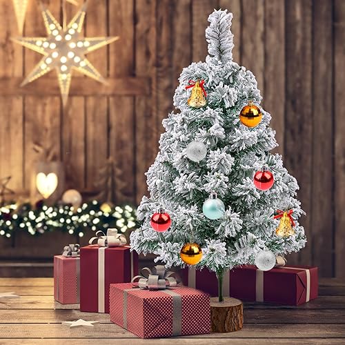 Miniatura 7 de Árbol de Navidad artificial de 2 pies, árbol de Navidad verde de mesa con nieve flocado, mini árbol de Navidad con soporte de madera para interiores