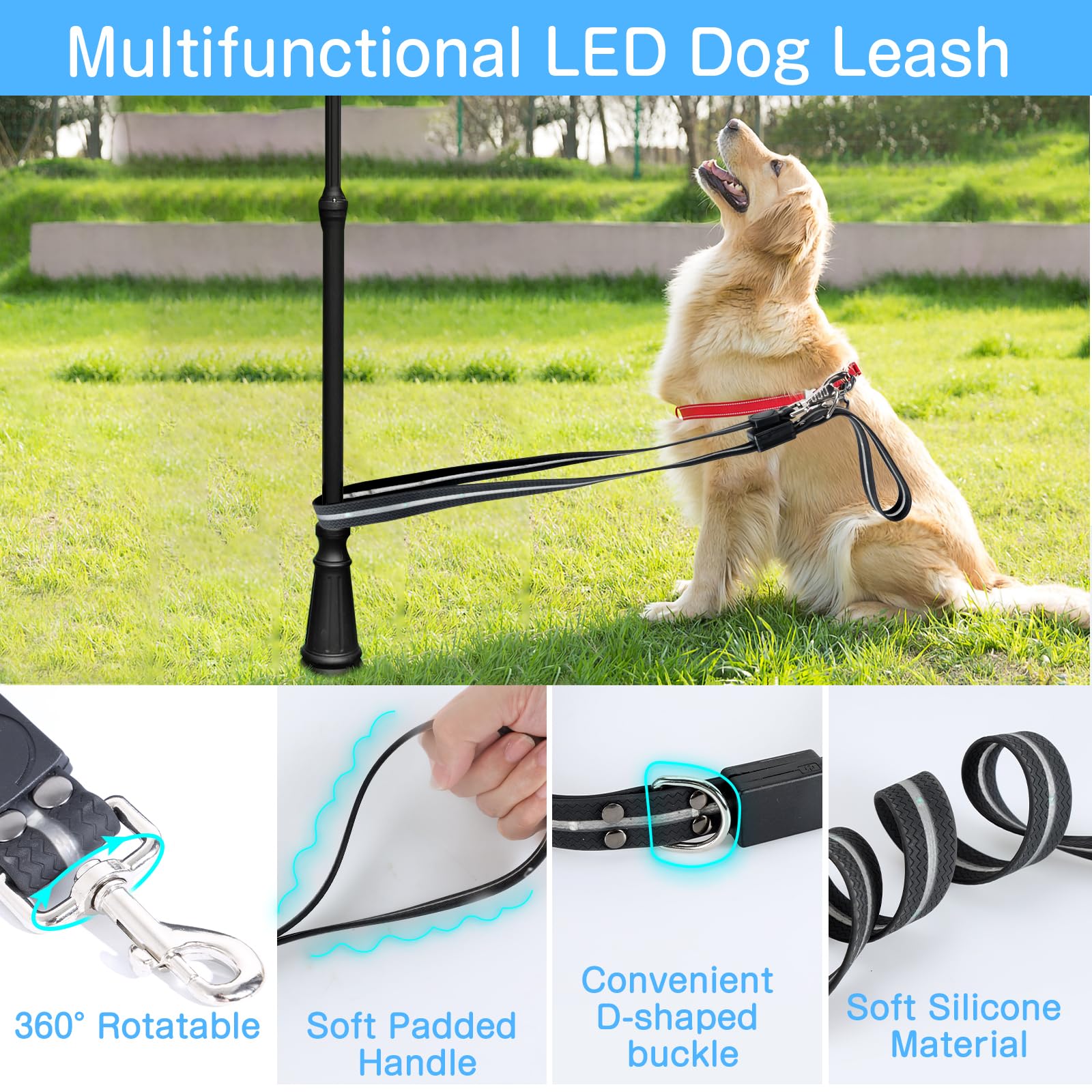 Correa LED para perro: 12 modos de iluminación, recargable, correa de perro iluminada de 4 pies para caminar por la noche, seguridad que brilla en la oscuridad, correa de silicona para perros