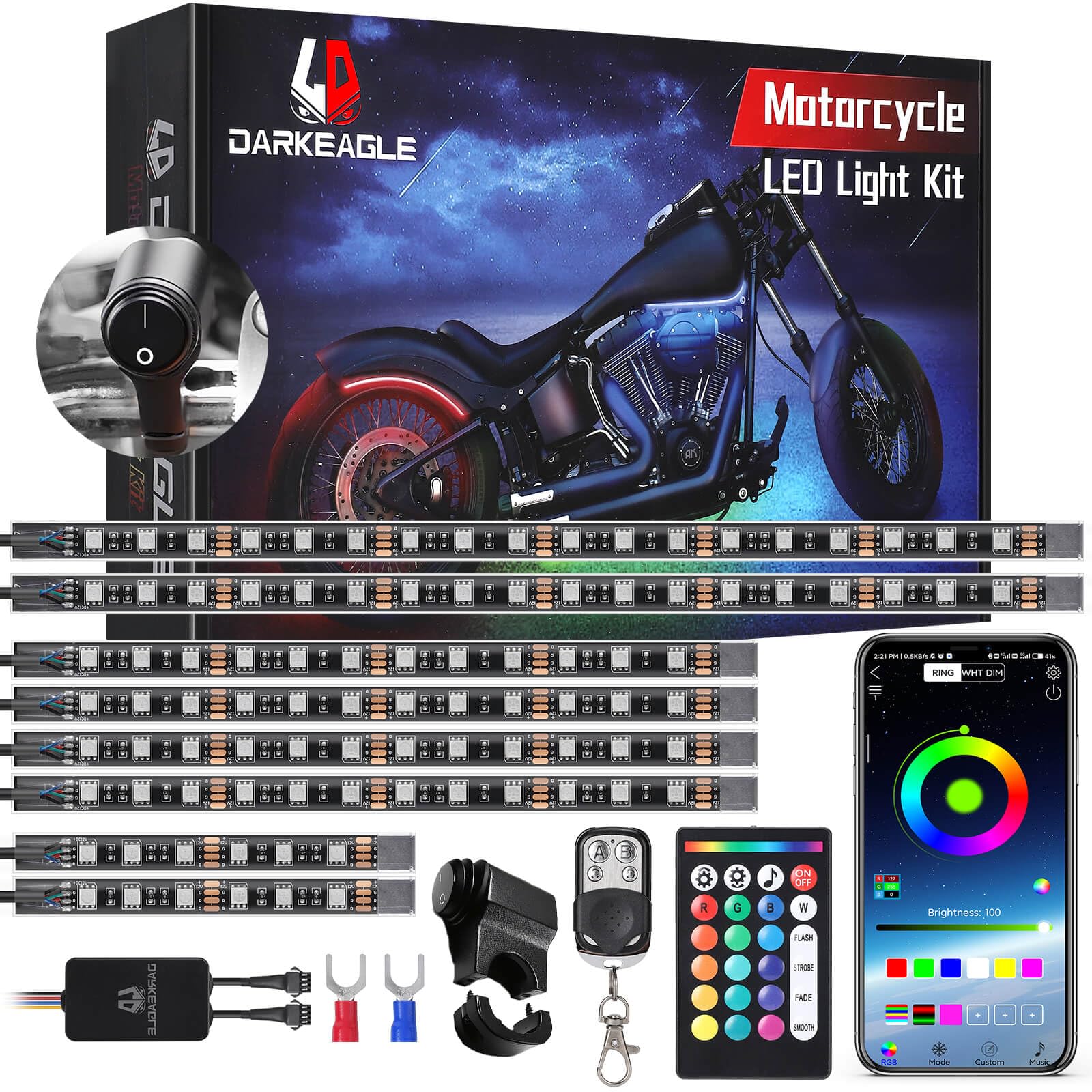 8PCS Motorcycle RGB LED Light Kit with Handlebar Switch Brake Turn Signal, Multicolor Underglow Lights with APP/RF Remote, Neon Strips 12V Waterproof for Sport Bike, Cruiser, Street &amp; Dirt Motorcycle