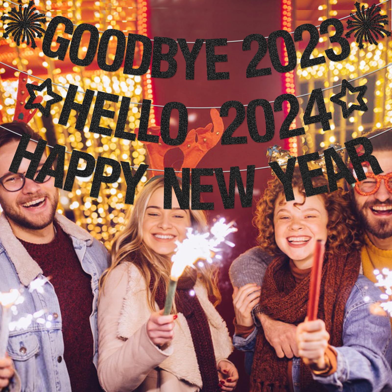 Black Glitter Happy New Year Banner – 10 Feet, 2 Strings, Pre-Strung For 2023 Party