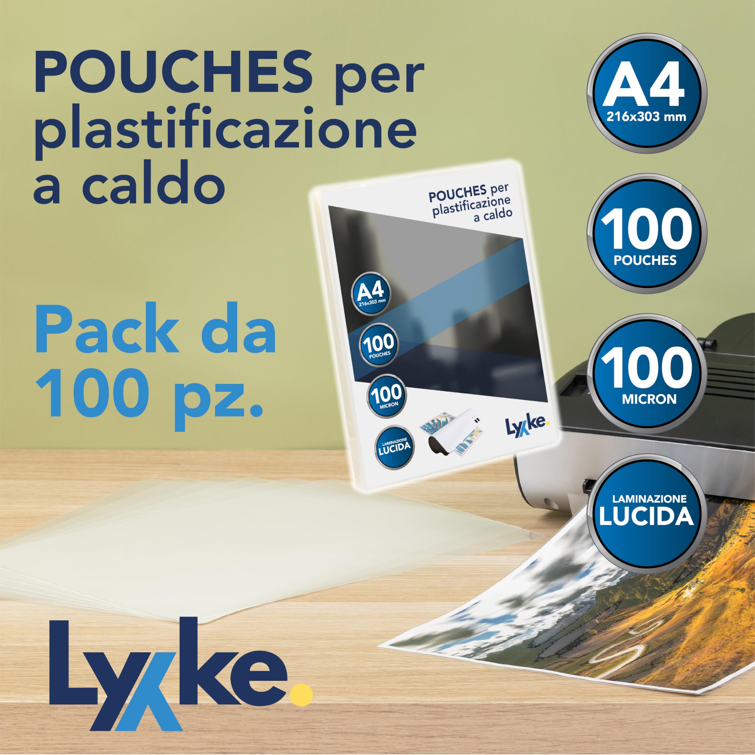 Fogli Plastificatrice A4 100 pz 2x100 micron Lucidi Premium Anti-inceppamento Trasparenti per Foto Documenti