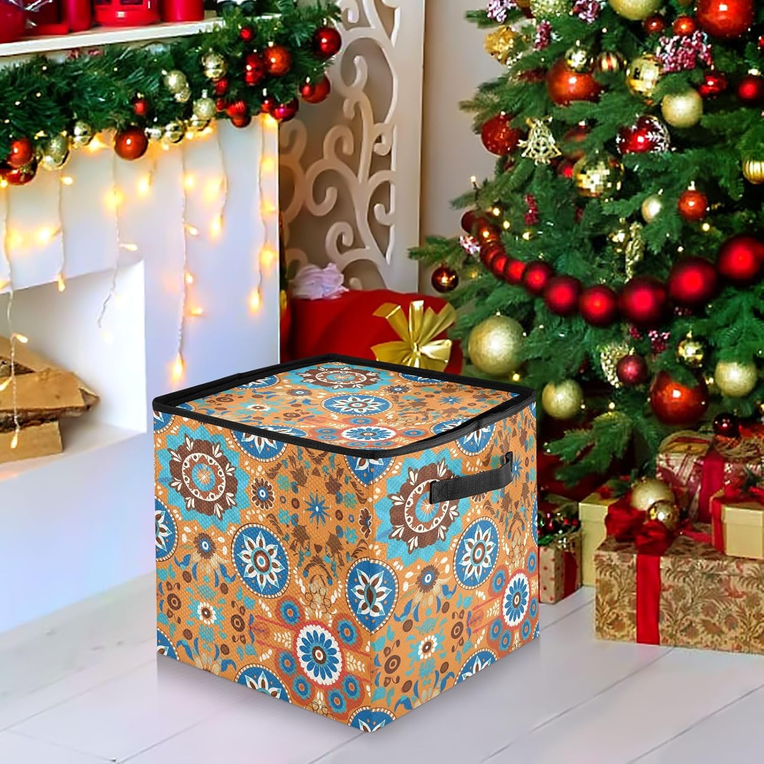 High Capacity Christmas ornament organizer Holds Up to 64, Two Handles handy Holiday Storage Case with Lid,Orange Background Mexican Style