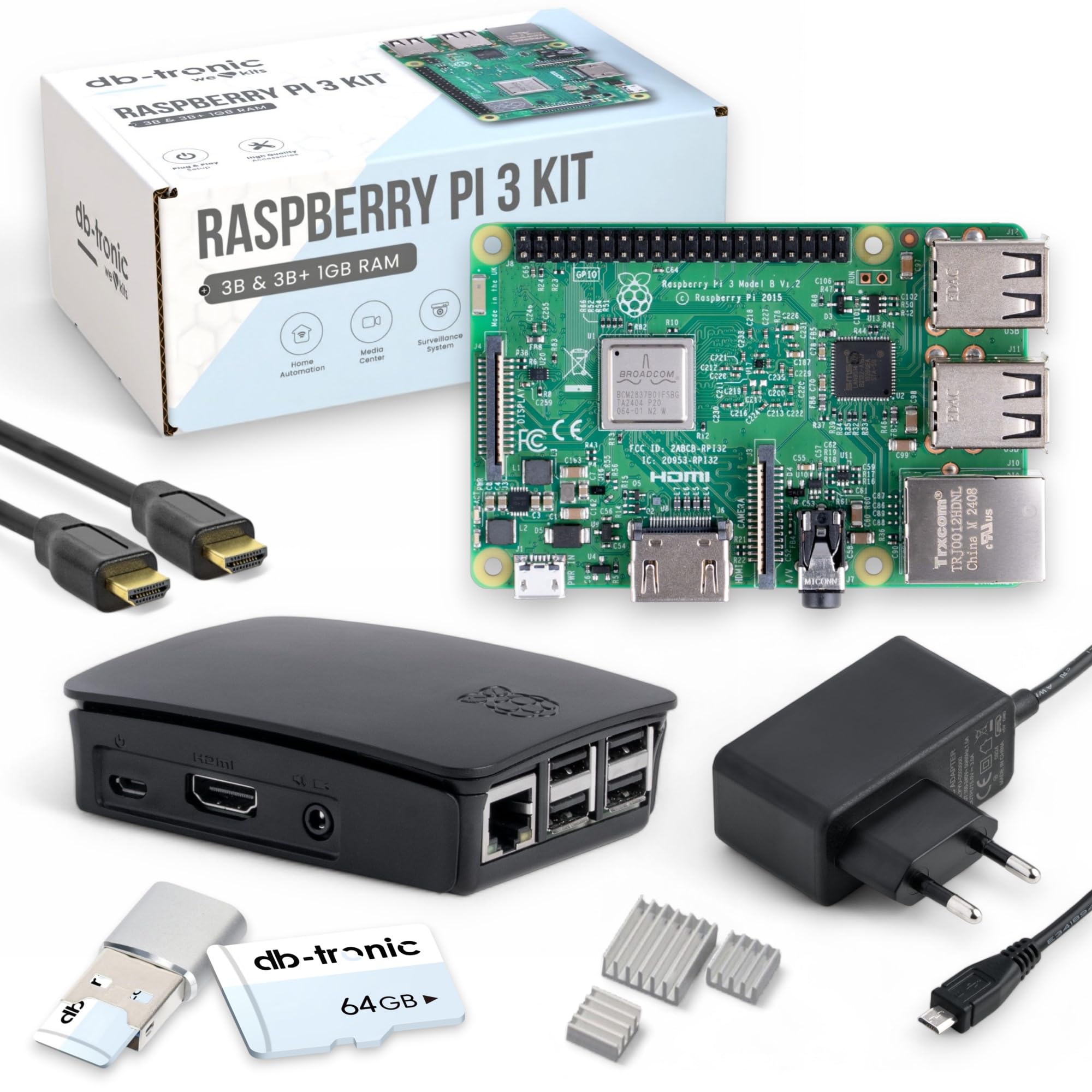 db-tronic Raspberry Pi 3 B 1 GB Starter Kit | 64 GB | Alimentatore | Alloggiamento | cavo HDMI 1 m | Lettore USB | Dissipatori | ideale per Home Assistant e la smart home