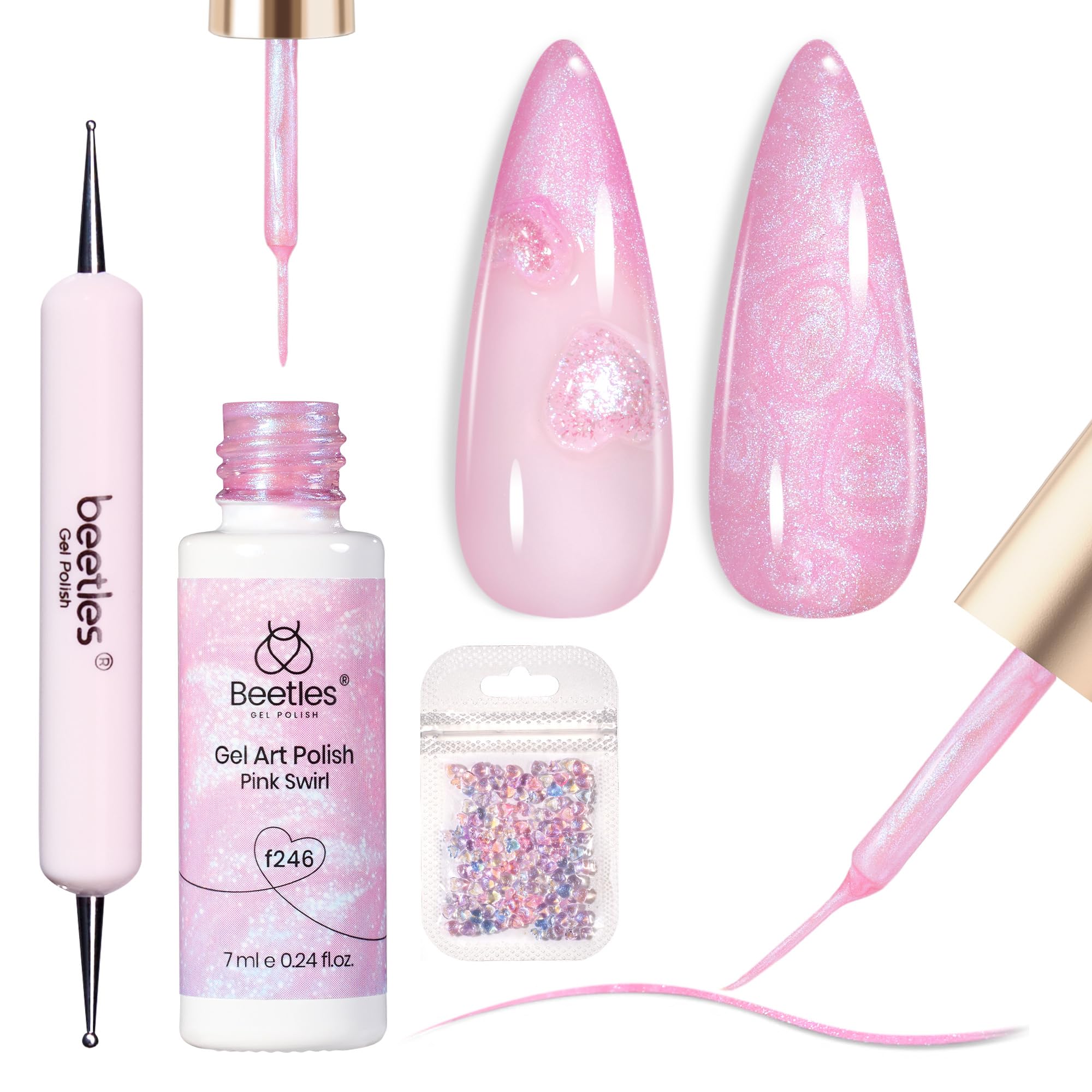 Beetles Pearl Pink Gel Nail Polish,Pearlescent Pink Mermaid Nail Drawing Gel Nail Art Polish Soak Off Uv Led Shimmer Gel Liner Nail Art with Dotting Pen & Heart Nail Charms for Women