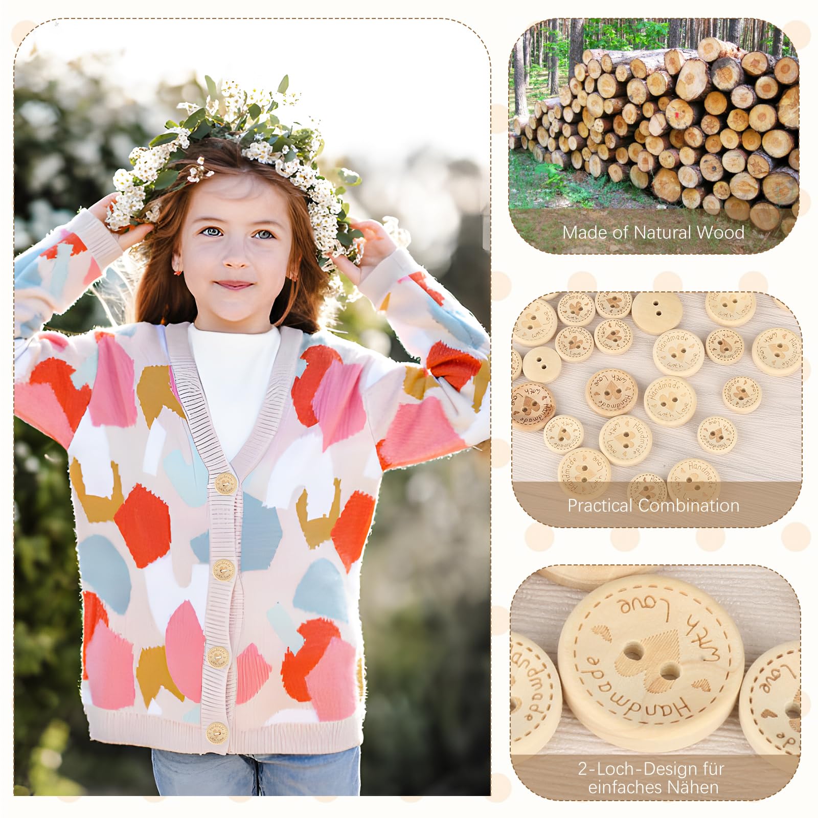 Bouton En Bois Fait à La Main Avec Amour, Couleur Beige