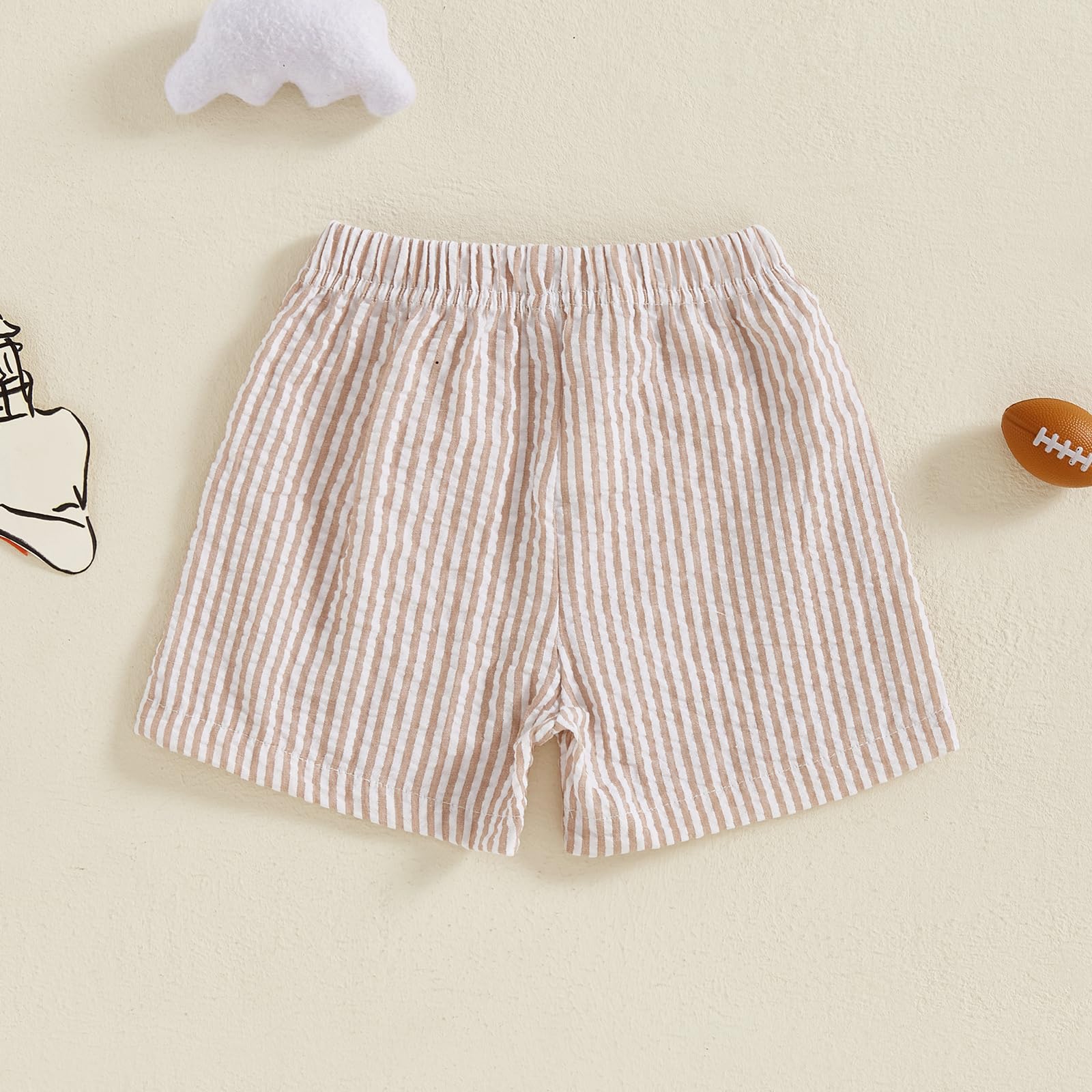 Motlapol Toddler Boy Girl Seersucker Shorts Golf Cart/Tractor/Football/Baseball Embroidery Boxer Shorts Striped Linen Bottoms (Khaki Football, 2-3 Years)