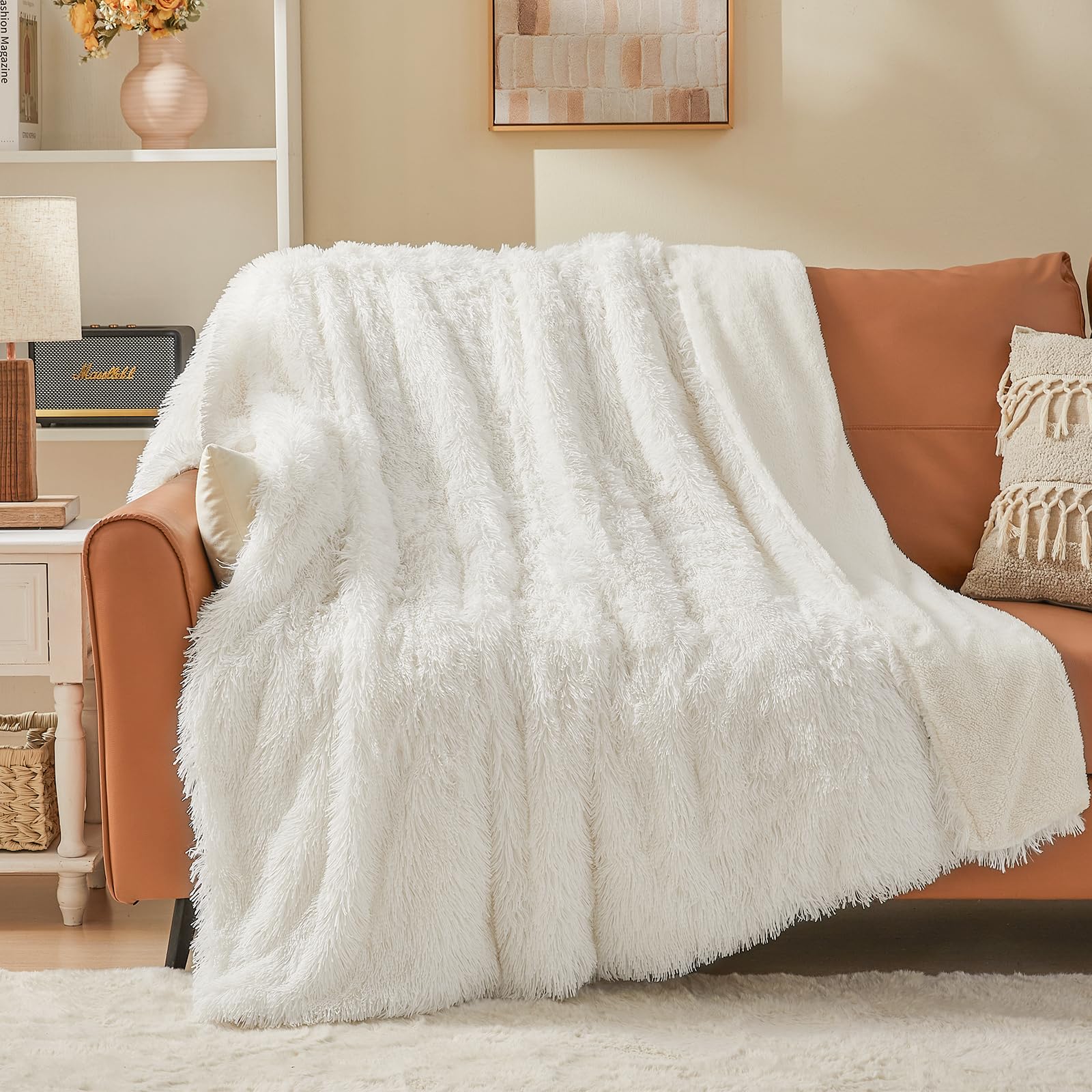 EMME Manta mullida, 150 x 200 cm, de Pelo sintético, Muy Suave, acogedora, cálida, Reversible, Manta de Forro Polar para sofá y Cama, Blanco OEKO-TEX STANDARD 100