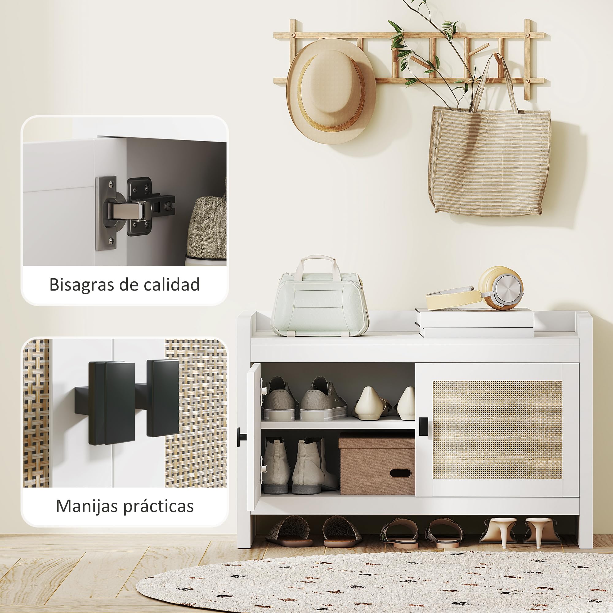 HOMCOM Banco Zapatero Bohemio Mueble Zapatero 8 Pares 80x35x52 cm Blanco | Banco de Almacenamiento con Frentes de Ratán, Puertas, Estante Extraíble, para Dormitorio o Entrada