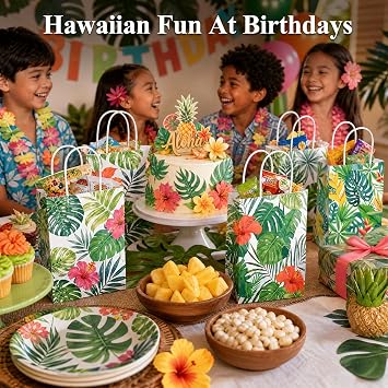 VGOODALL 24 Pack Hawaii Luau Favor Bags, 5.5 X 2.8 X 8 inches | Durable Paper Bags Have Reinforced Handles and Bright Tropical Prints for Candy, Small Toys and Keepsakes